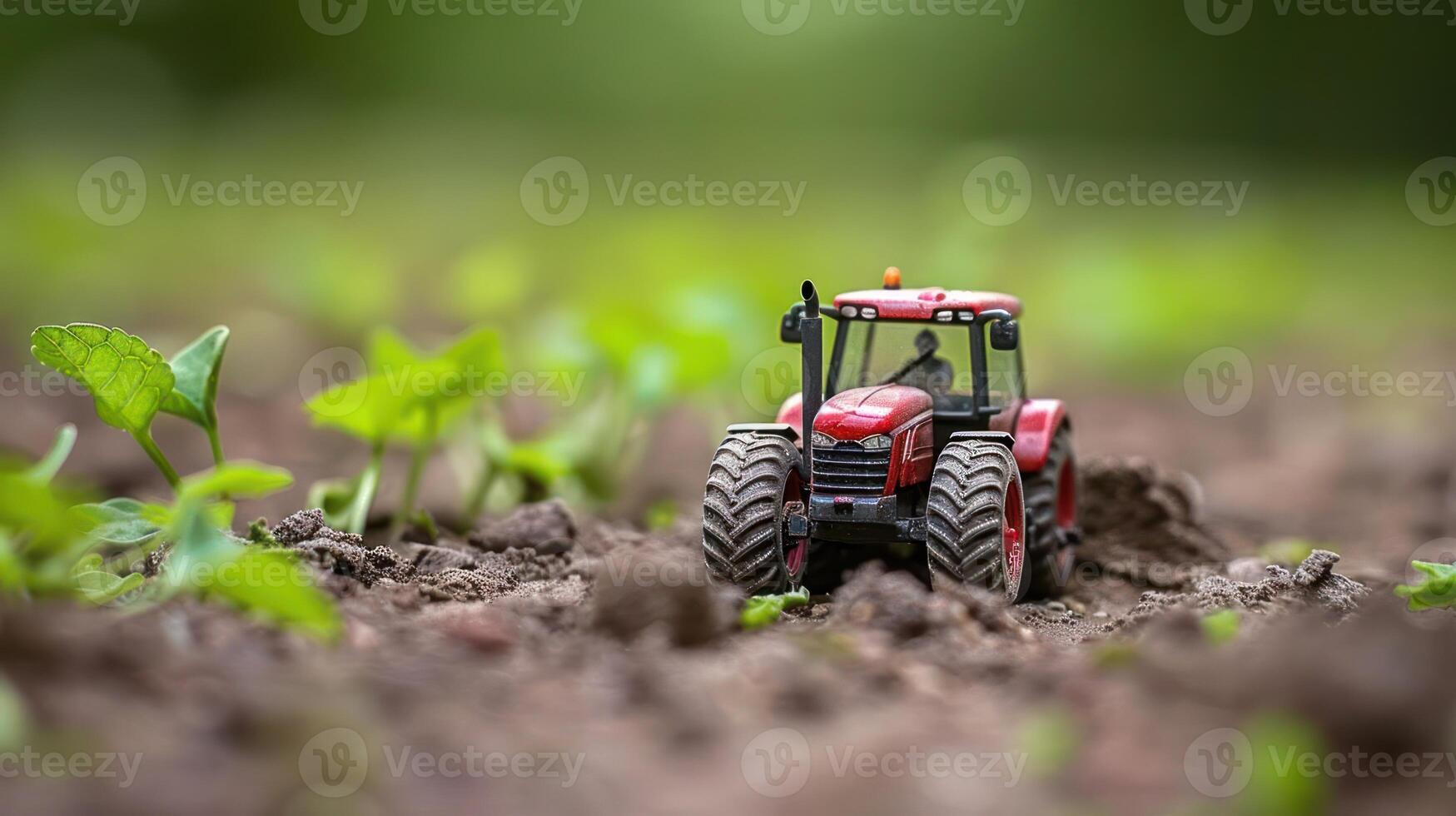 Miniature red tractor navigating through freshly tilled soil with young green plants sprouting nearby photo