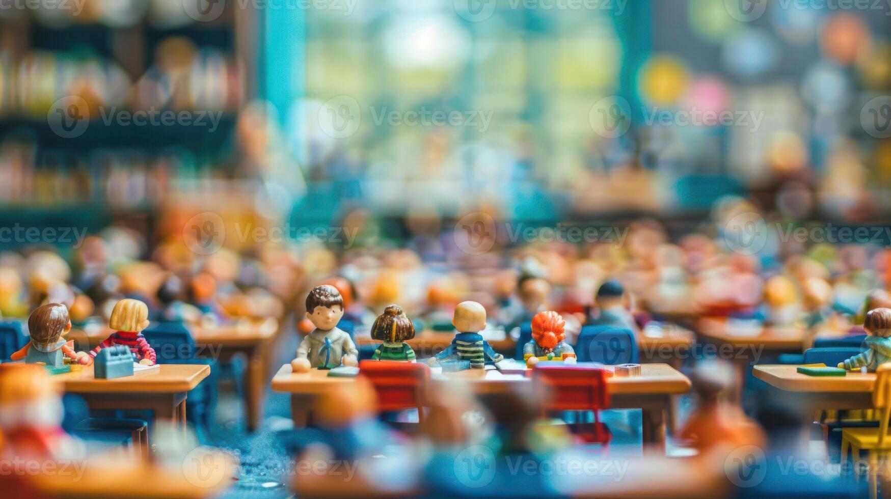 Miniature classroom scene filled with diverse figures engaged in learning activities. Background features colorful bookshelves and bright windows photo