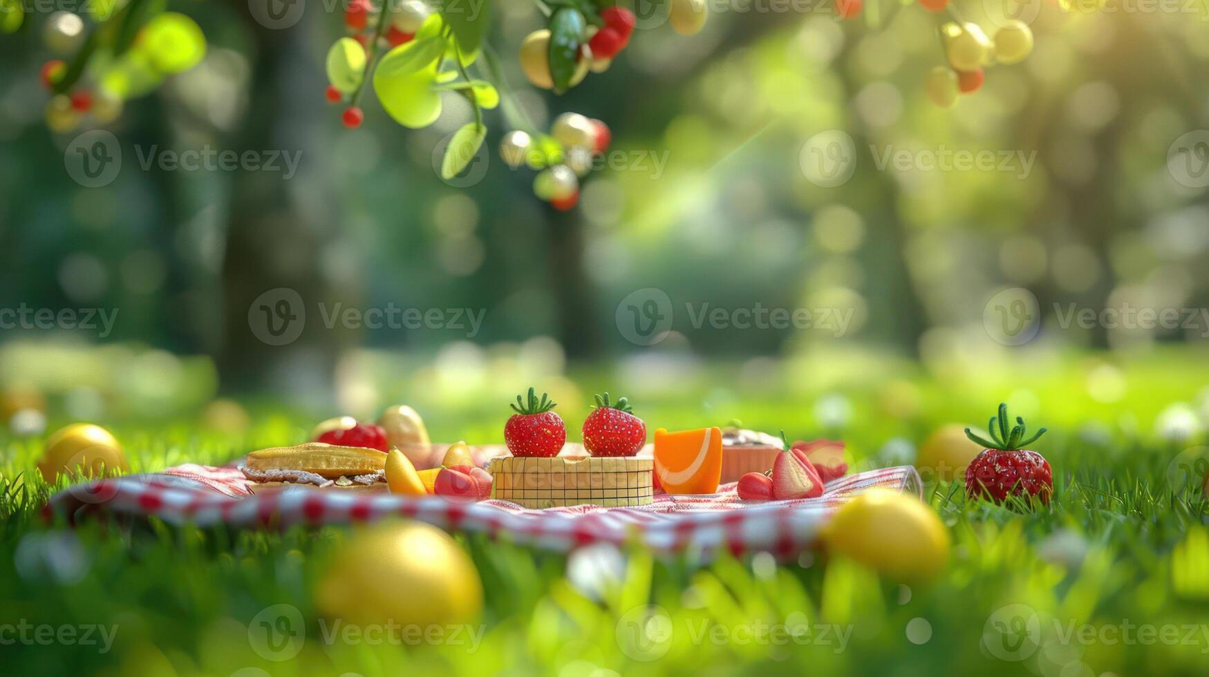 A vibrant picnic scene featuring an array of fruits and desserts on a checkered blanket in a sunny park photo