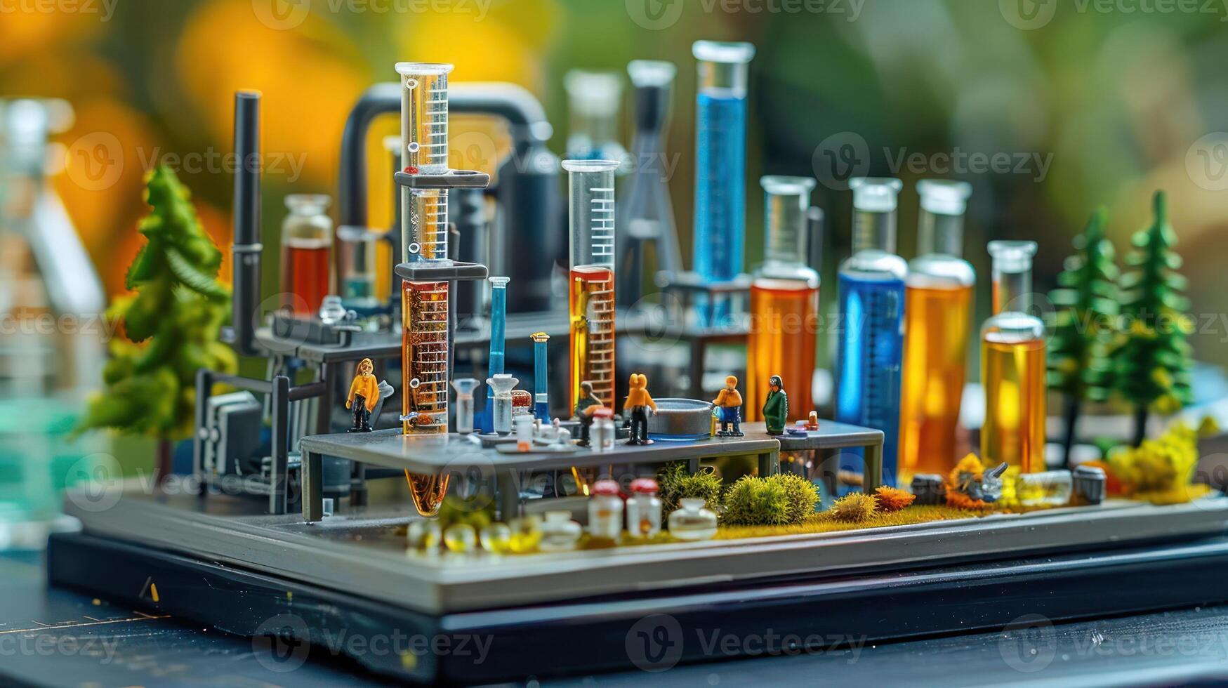 Miniature laboratory scene depicting scientists experimenting with colorful liquids amidst greenery photo