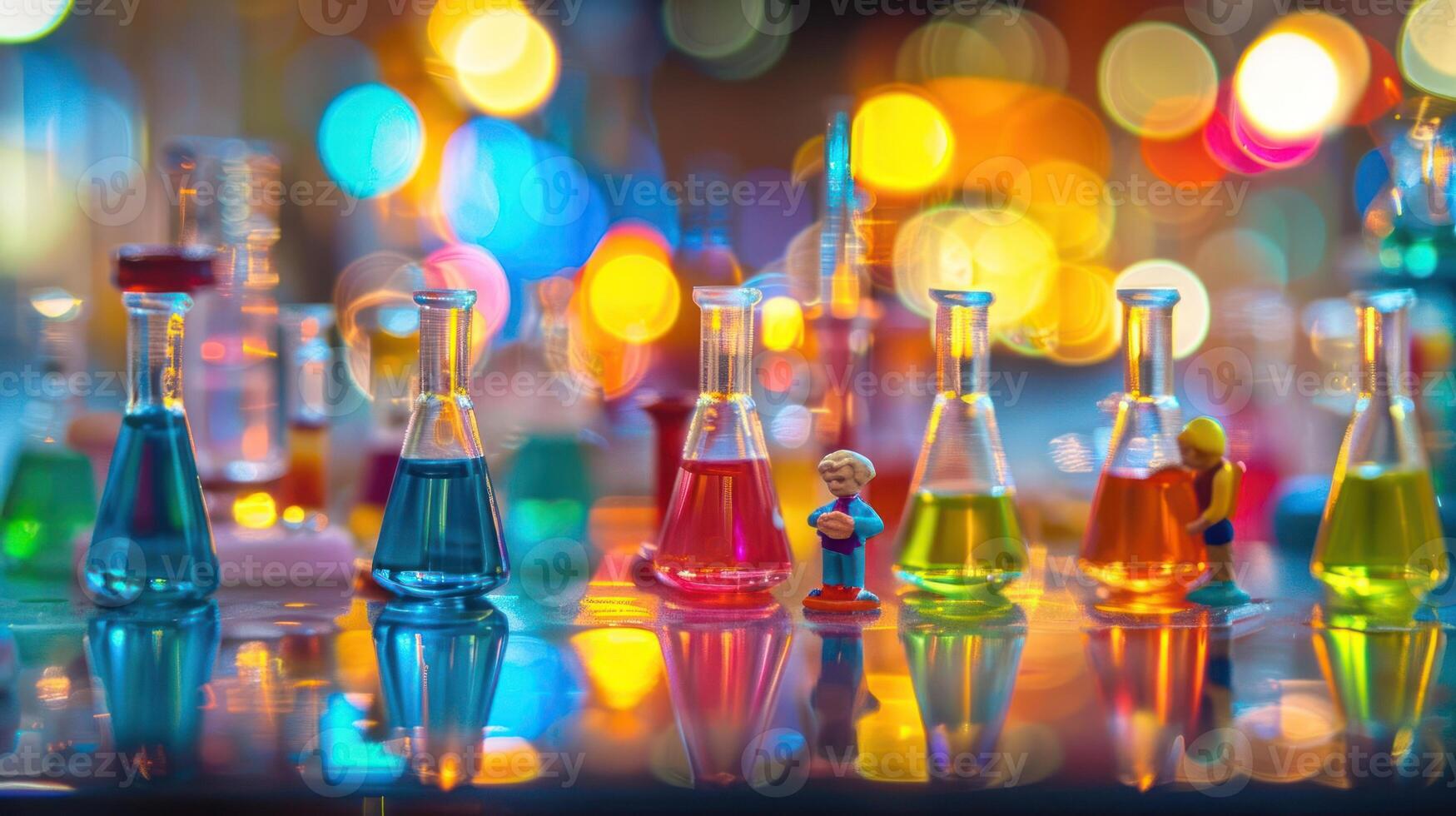 Colorful laboratory scene with miniature figures and vibrant liquid-filled flasks, showcasing science photo