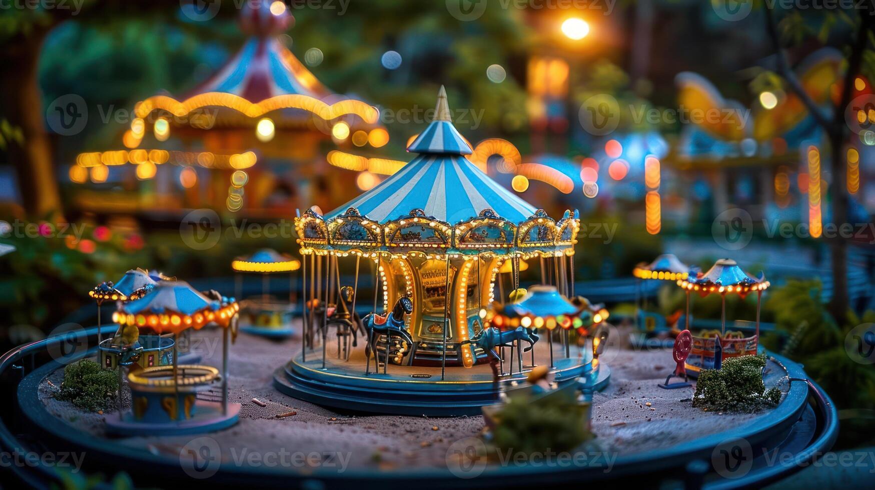 Colorful miniature carousel in a vibrant amusement park with glowing lights and lively atmosphere photo