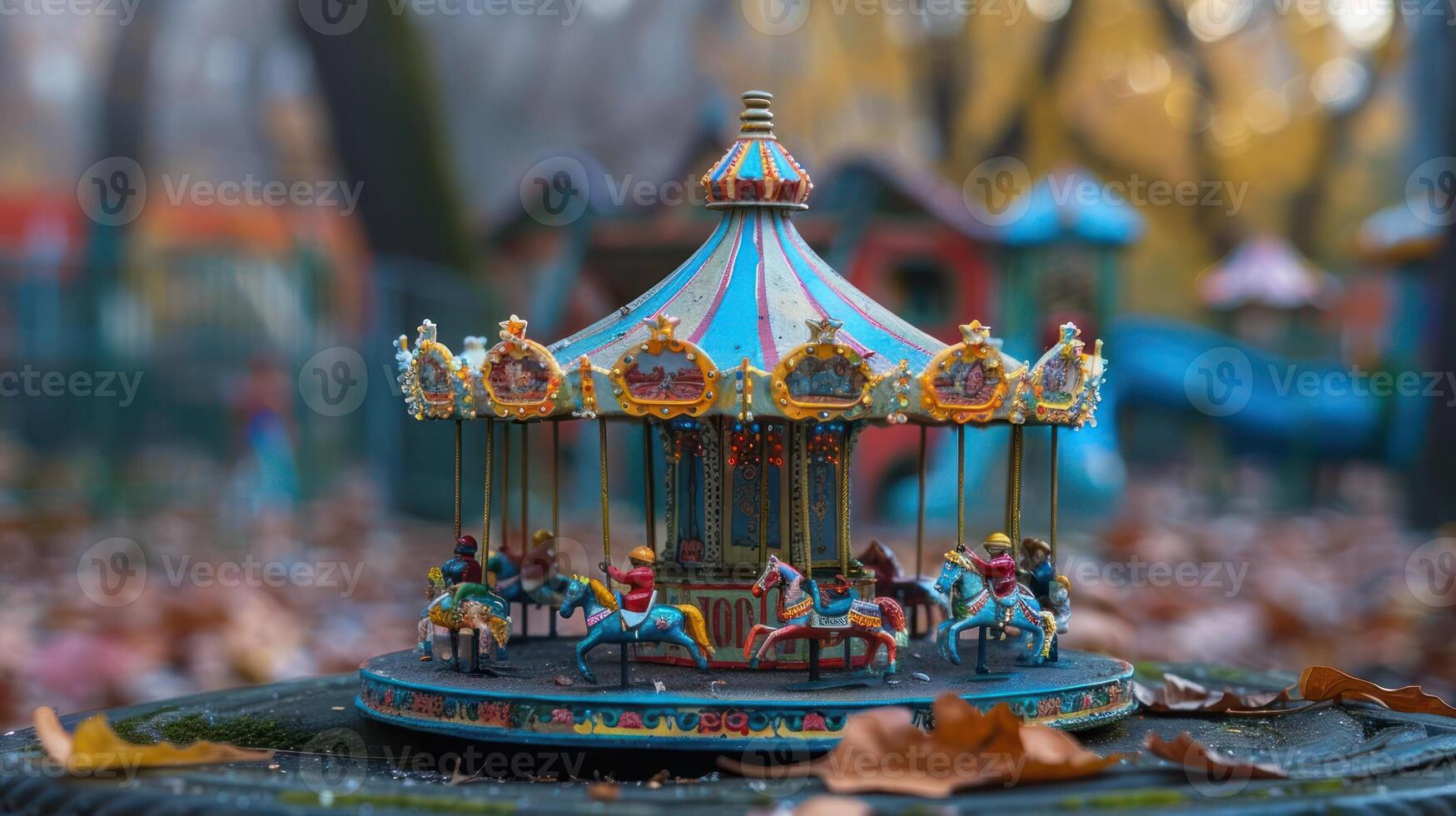 Colorful carousel with playful horses in a park surrounded by autumn leaves and blurred playground photo