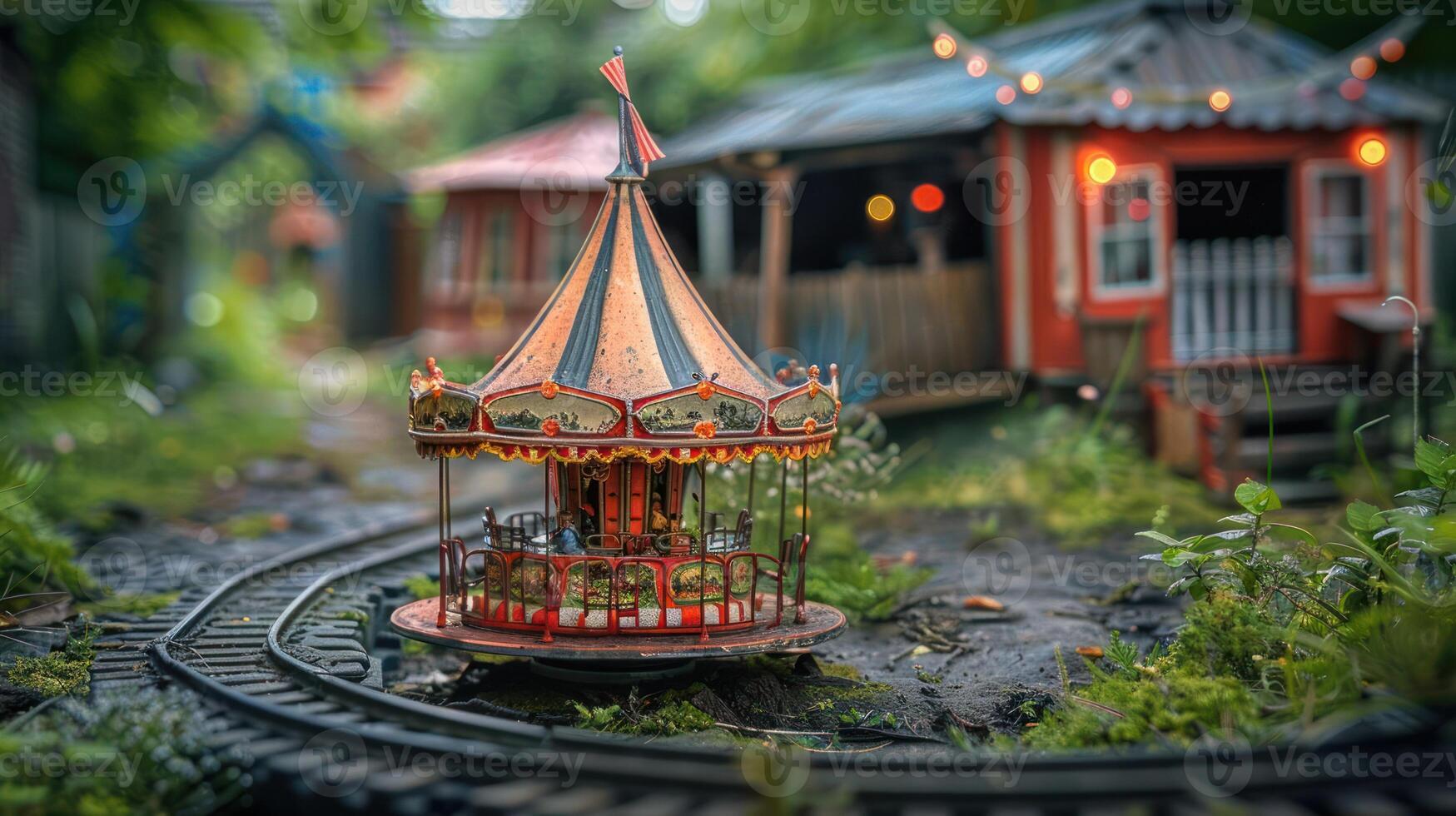 Miniature carousel in a whimsical garden setting with a charming train track and playful atmosphere photo