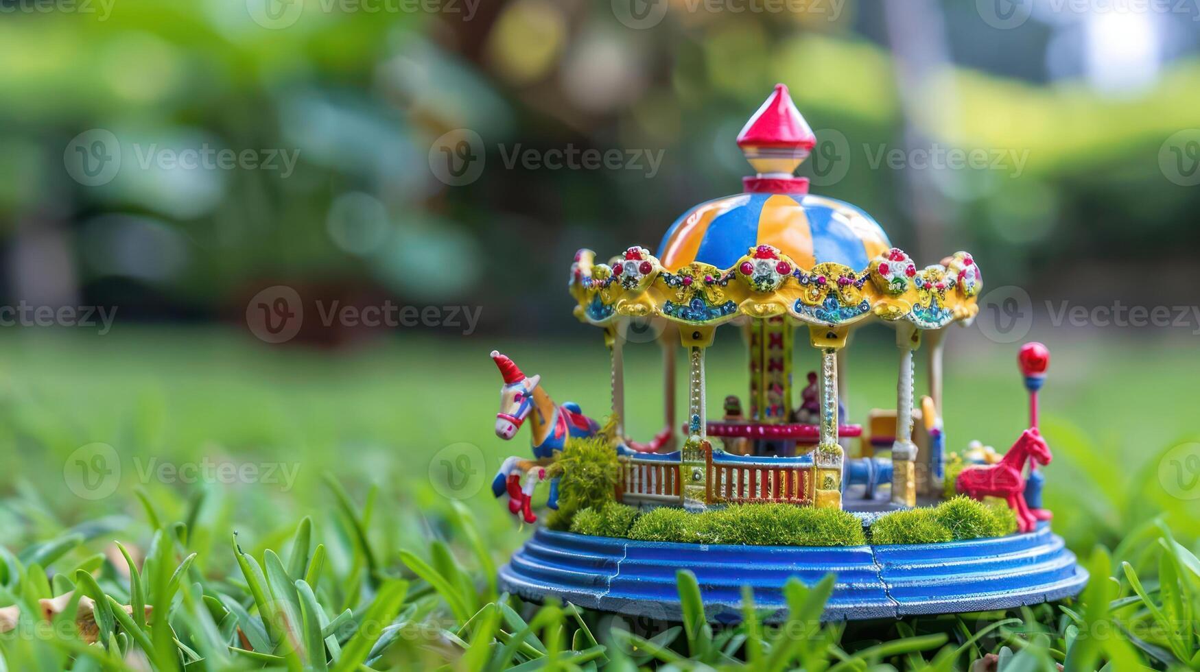 Colorful miniature carousel on lush green grass, surrounded by blurred garden scenery photo