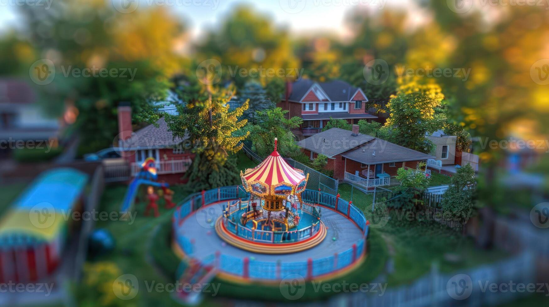 A vibrant carousel spins joyfully in a park surrounded by lush greenery and houses photo