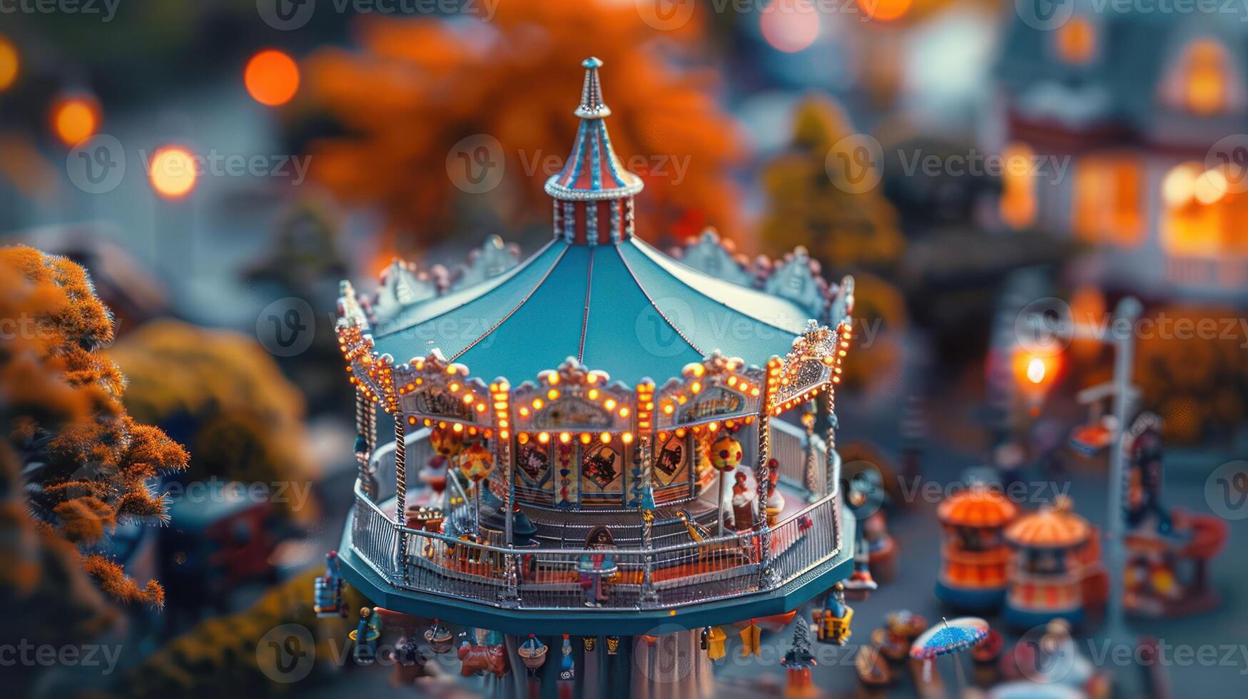 Colorful carousel in a vibrant miniature park setting, with warm lights and blurred background photo