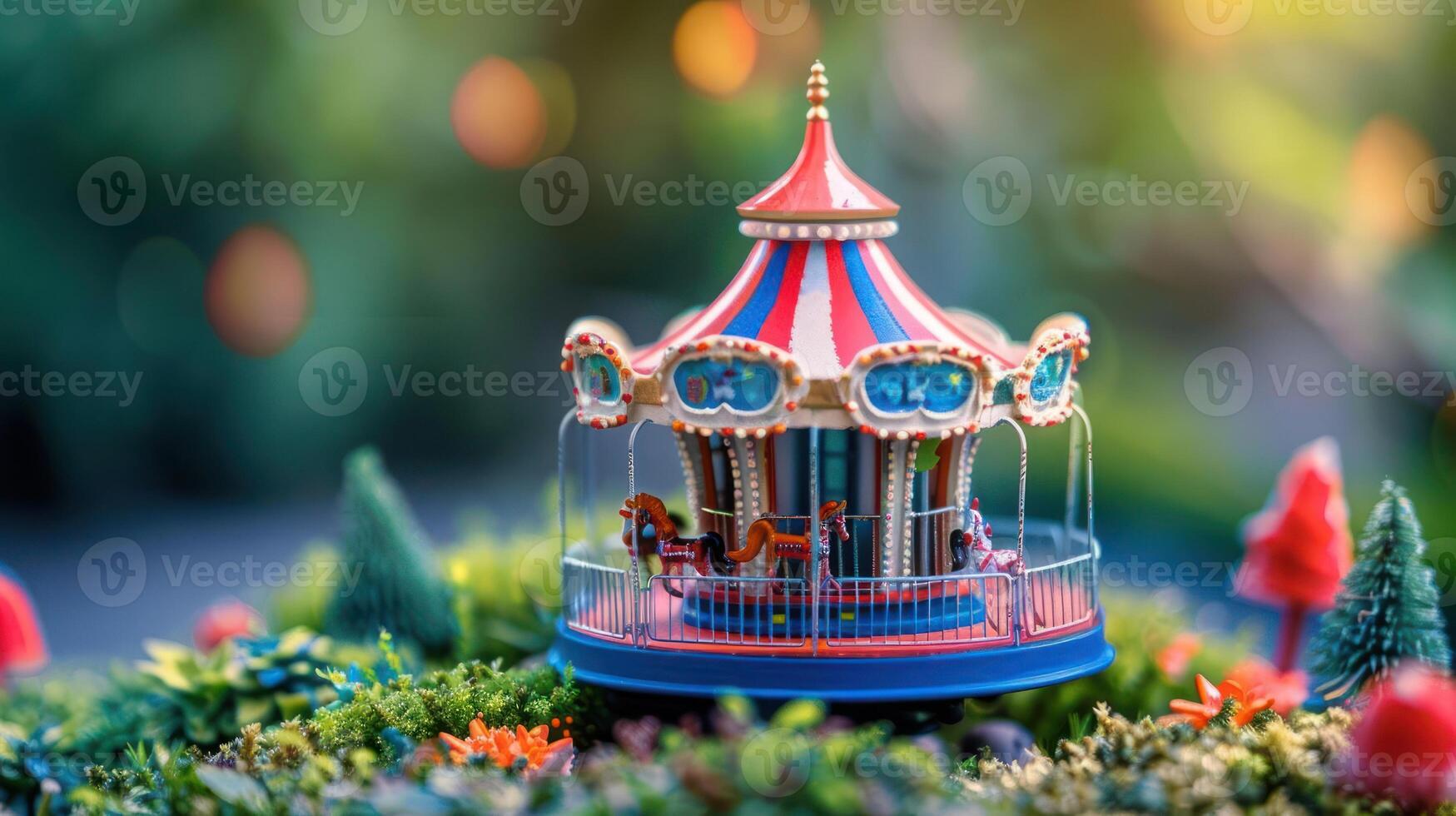 Colorful miniature carousel surrounded by vibrant greenery and festive decorations at dusk photo