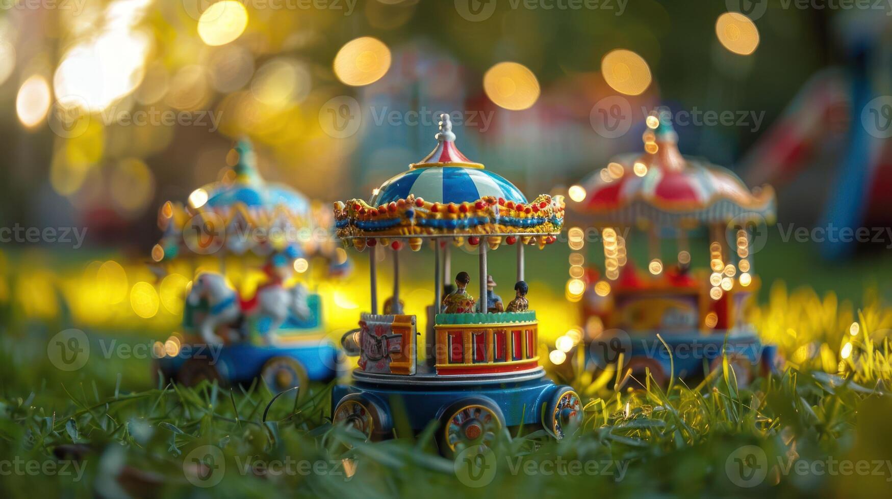 Colorful miniature carousels spinning in a sunlit park, surrounded by lush grass and playful ambiance photo