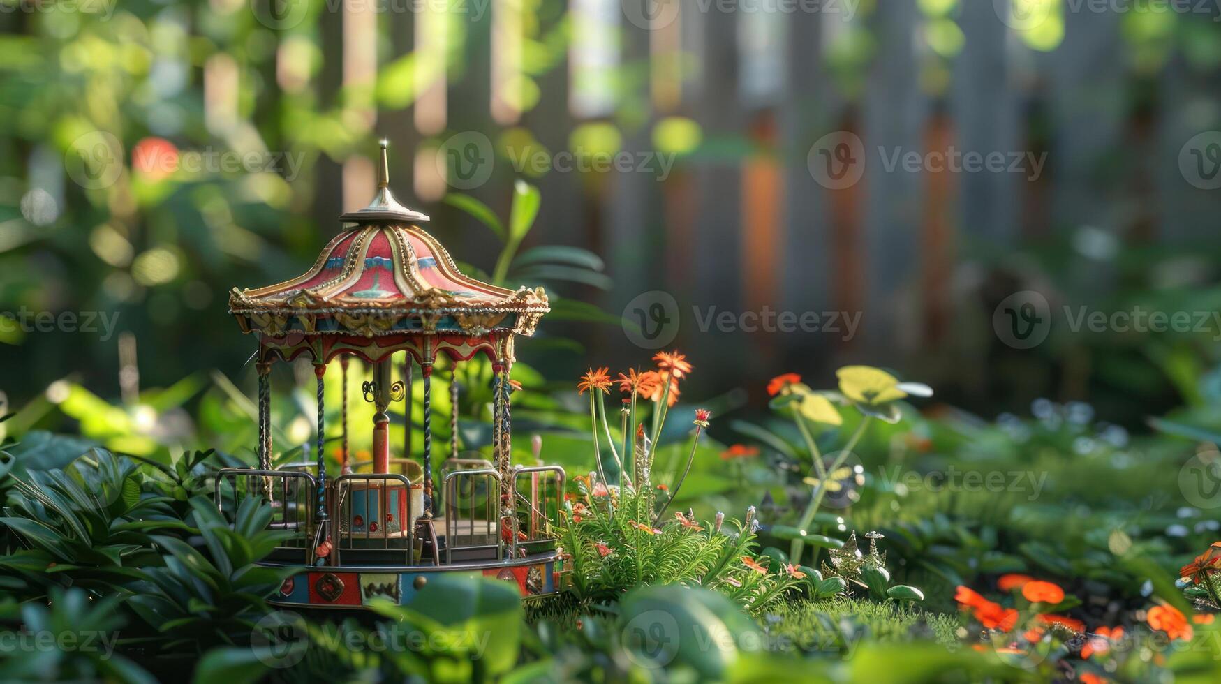 A vibrant garden scene featuring a colorful carousel surrounded by blooming flowers and greenery photo