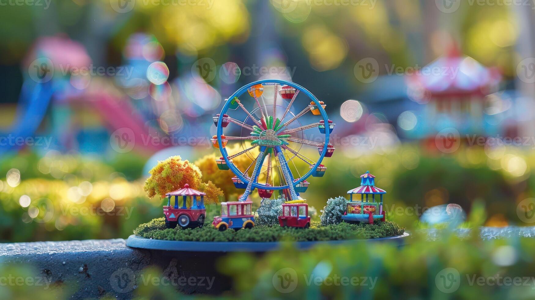 Miniature amusement park scene featuring a colorful ferris wheel and toy train amidst lush greenery photo