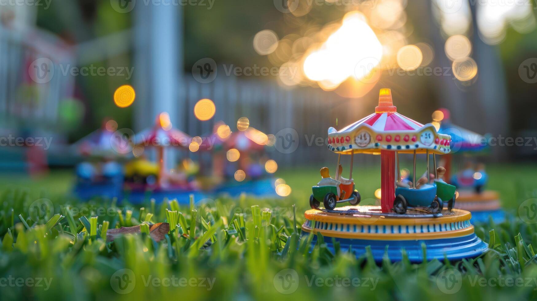Miniature carousel toys spinning on green grass during sunset with blurred background lights photo