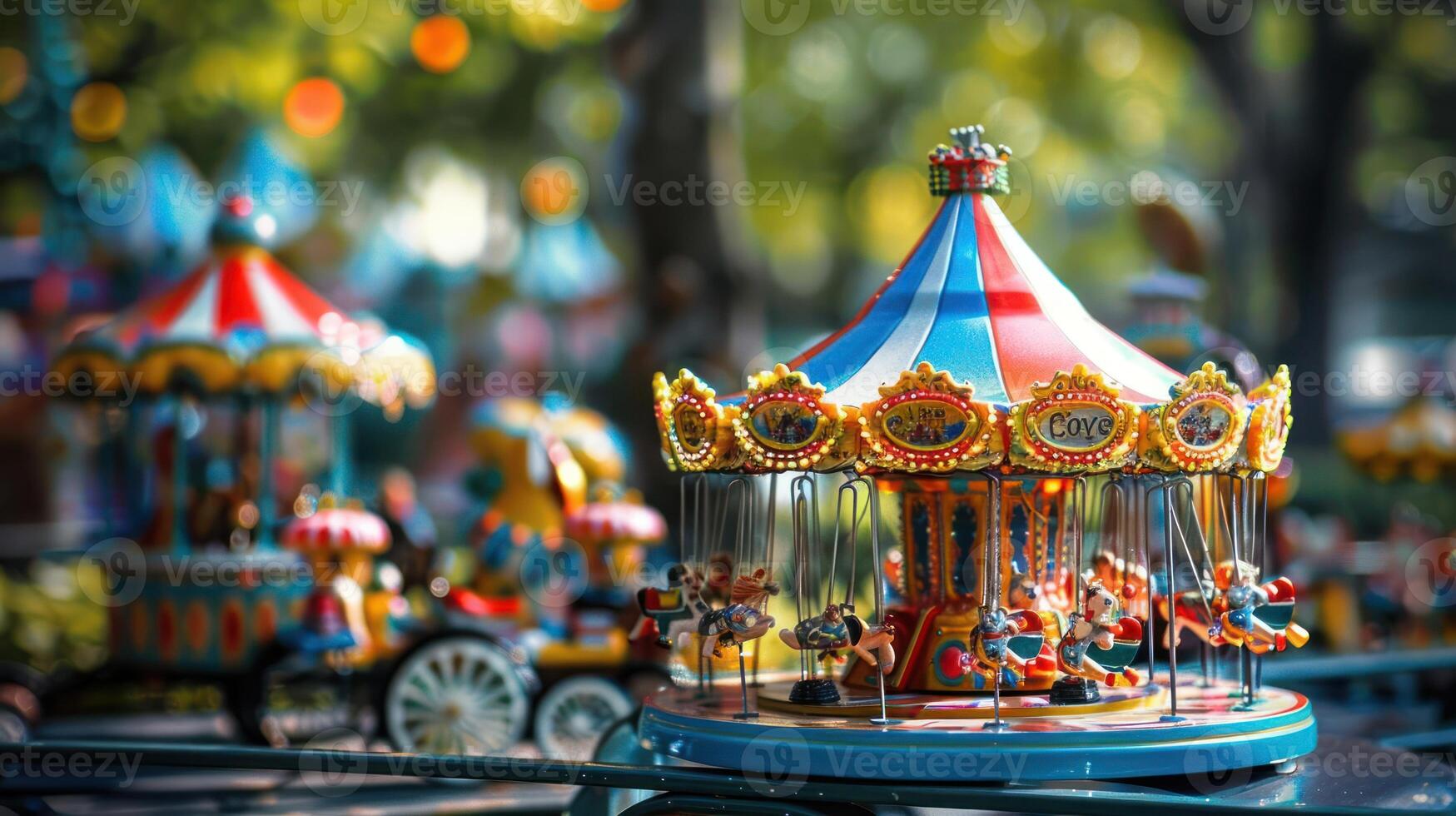 Colorful carousel with intricately designed horses, vibrant lights, and joyful atmosphere in a park photo