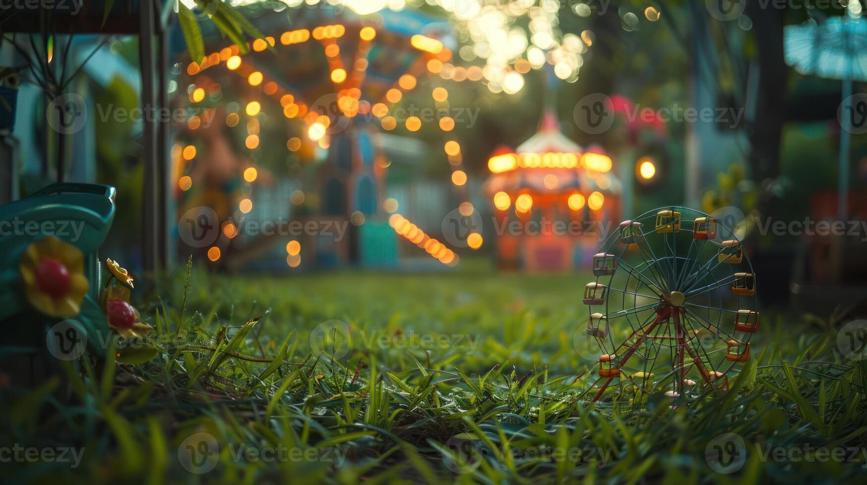 Colorful carnival scene with a miniature ferris wheel in the foreground and illuminated rides photo