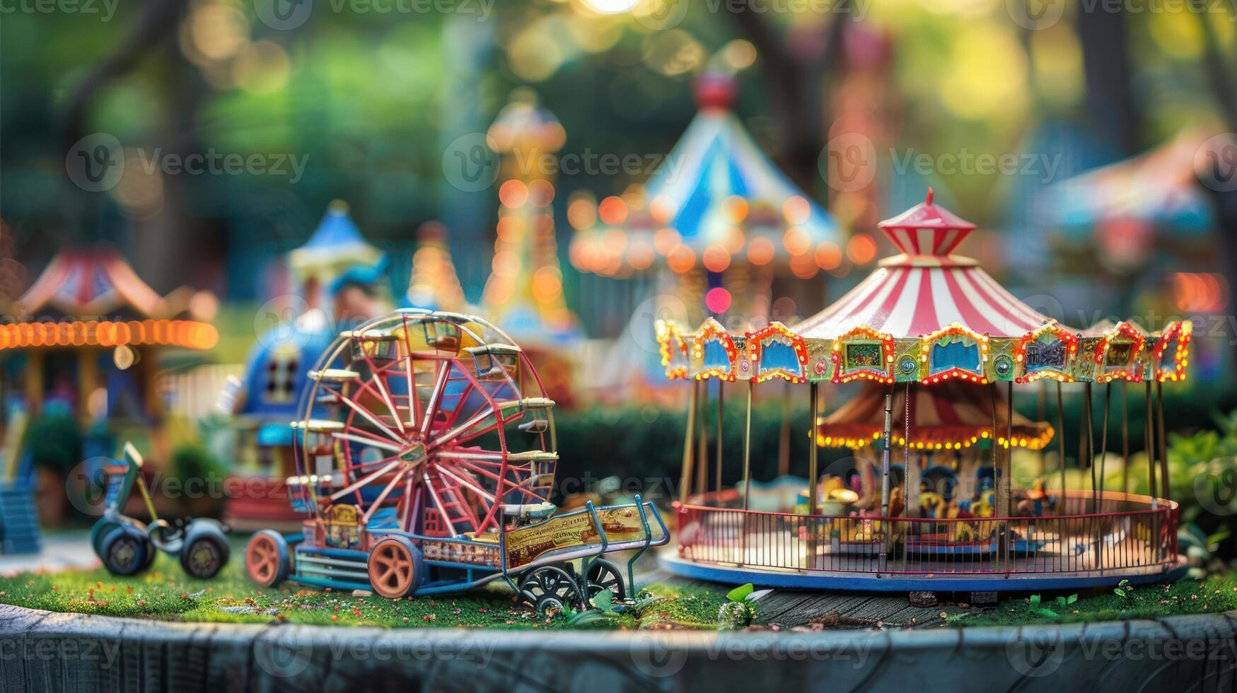 Colorful miniature carnival scene with a ferris wheel and carousel surrounded by greenery photo