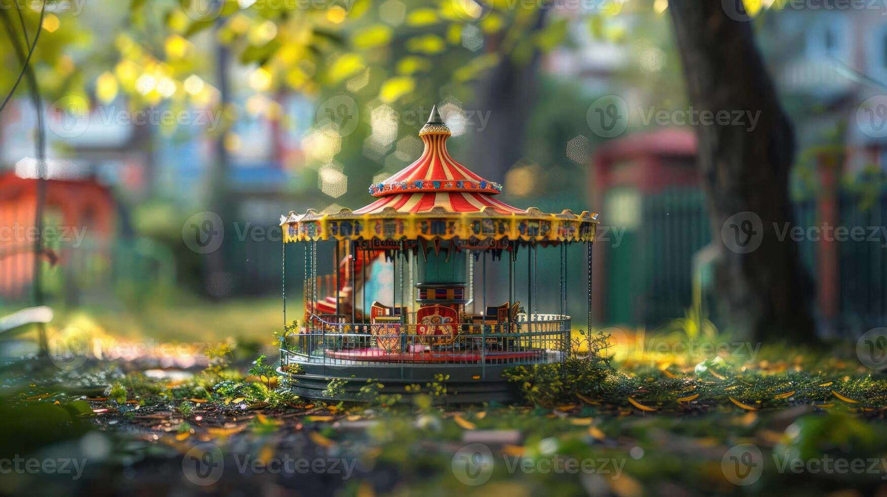 Colorful carousel in a vibrant park surrounded by autumn foliage and blurred background photo