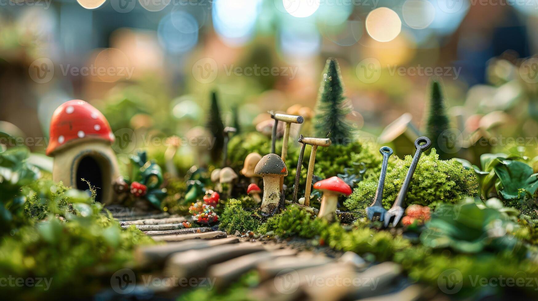 Enchanted miniature garden with mushrooms, tools, and a whimsical house in a vibrant setting photo