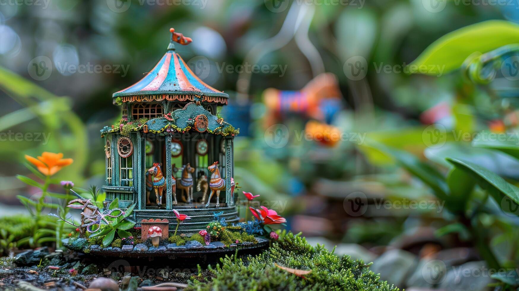 Miniature carousel surrounded by vibrant flowers in a lush garden setting, showcasing intricate details photo