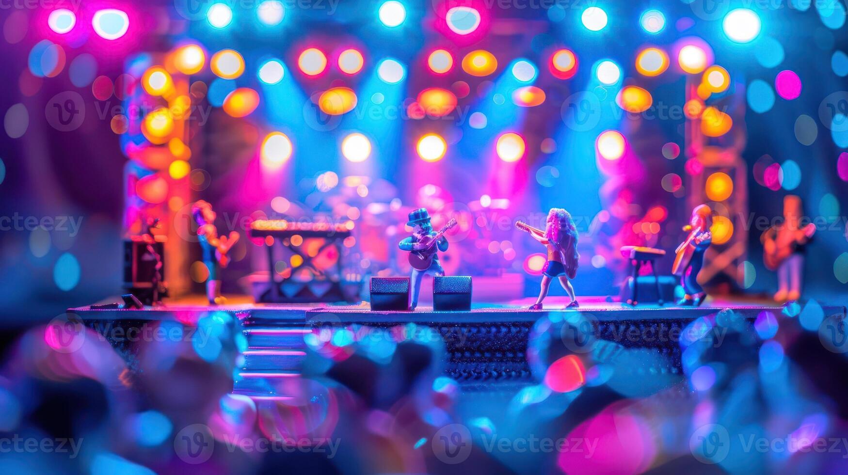 Vibrant concert scene with performers on stage, colorful lights illuminating an enthusiastic crowd photo