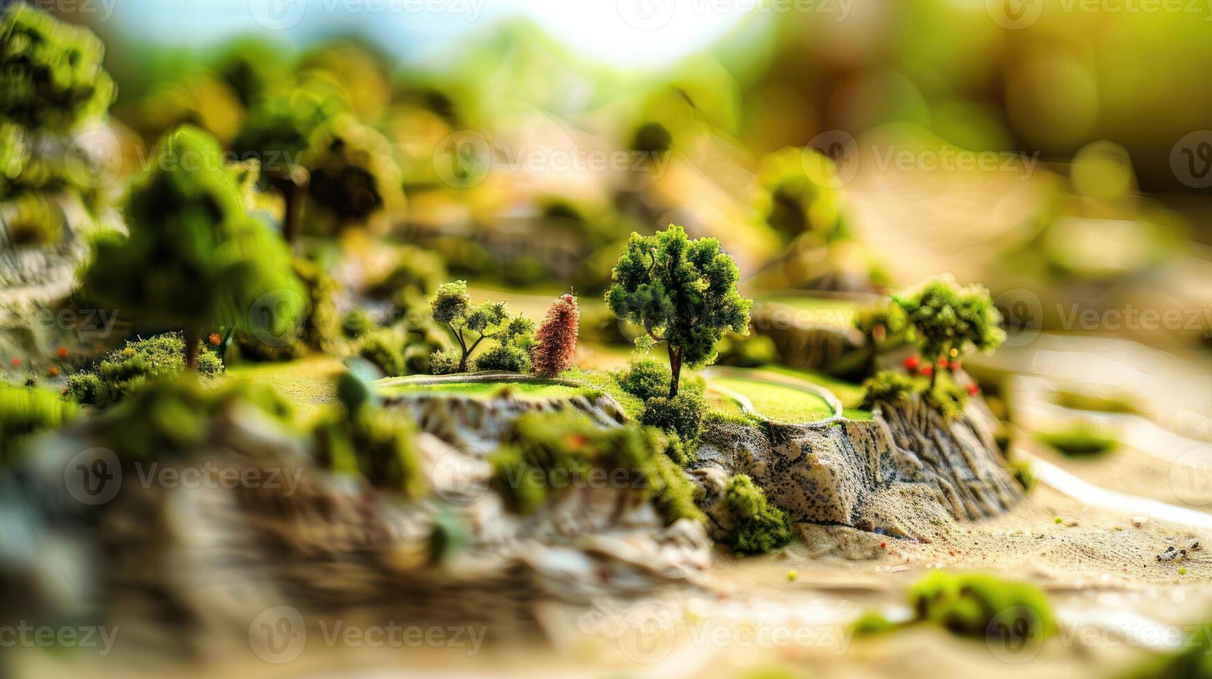 Miniature landscape with lush greenery and rocky terrain, showcasing intricate details and vibrant colors photo