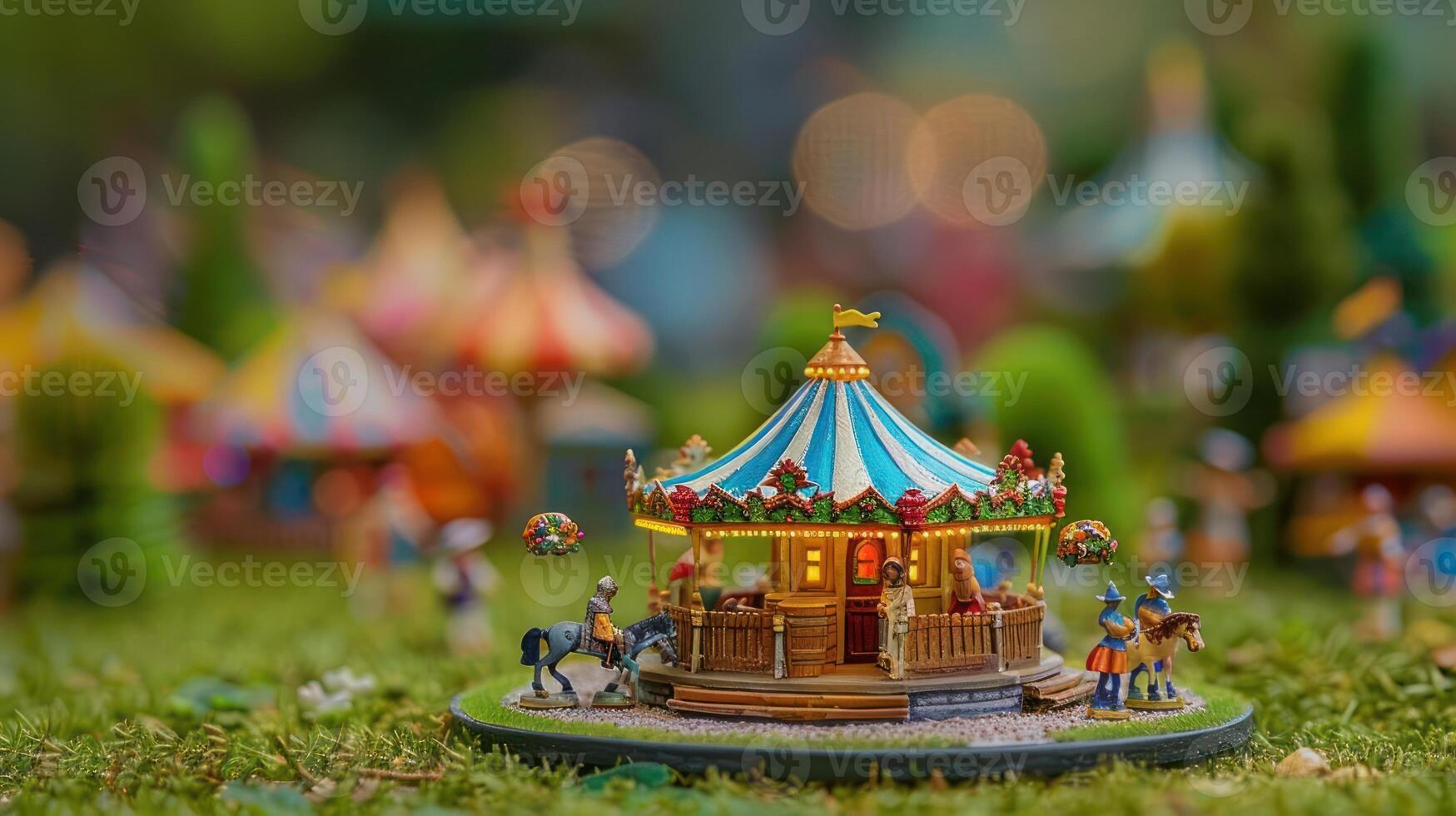 Colorful miniature carousel in a vibrant fairground setting, surrounded by playful attractions and greenery photo