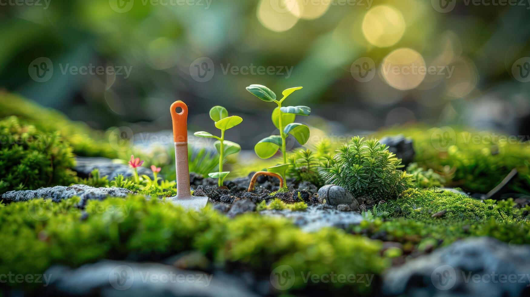 Small plants growing in rich soil with gardening tools in a serene, blurred natural environment photo