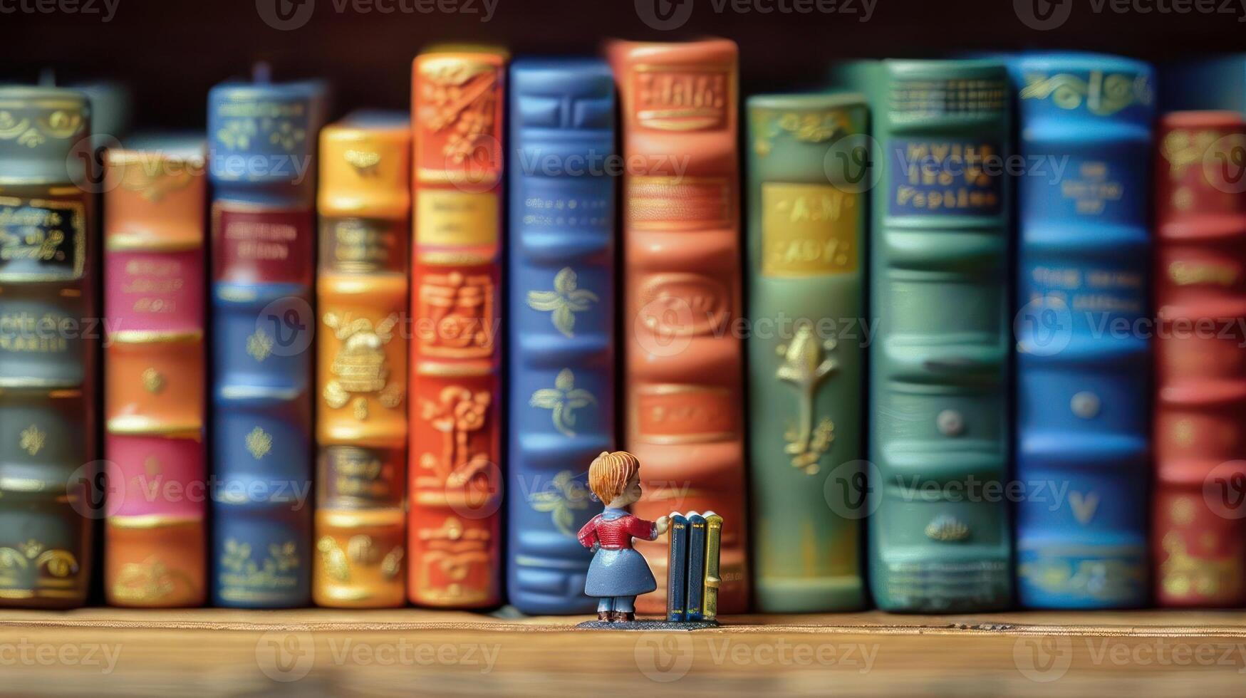 Miniature figure organizing colorful books on a shelf in a cozy library setting photo