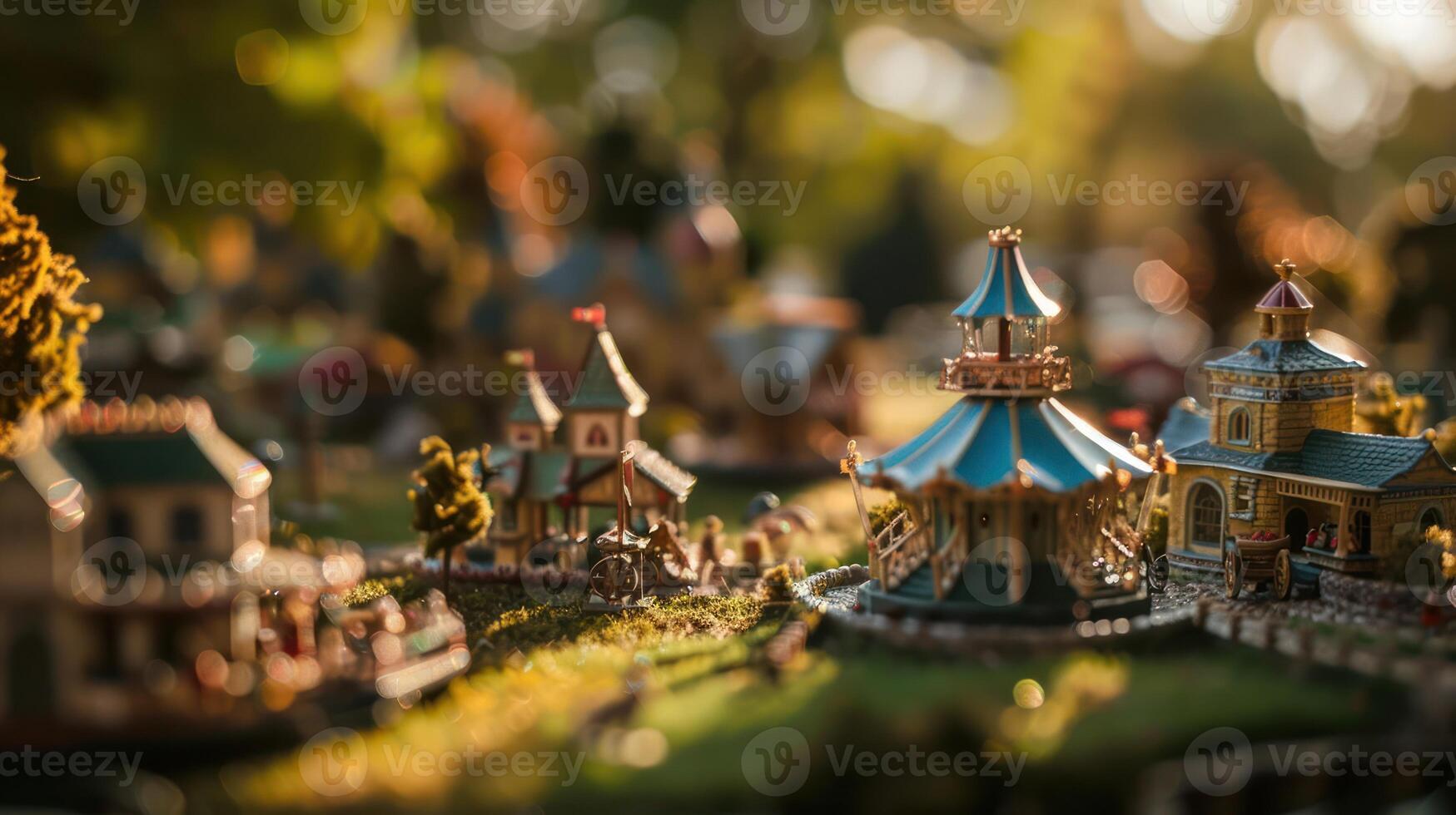 Miniature village scene with a carousel, surrounded by colorful houses and vibrant trees photo