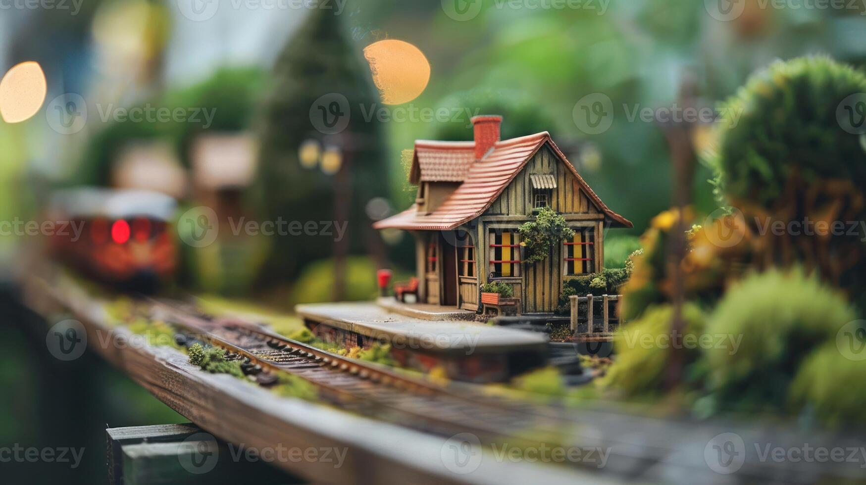 Miniature train station surrounded by lush greenery and soft bokeh lights in the background photo