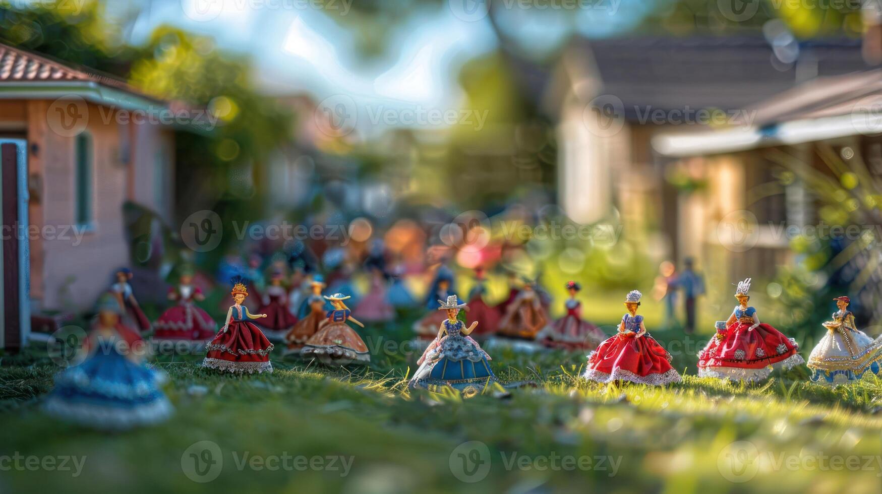 Colorful miniature figures in vibrant dresses in a sunny garden setting with blurred houses photo