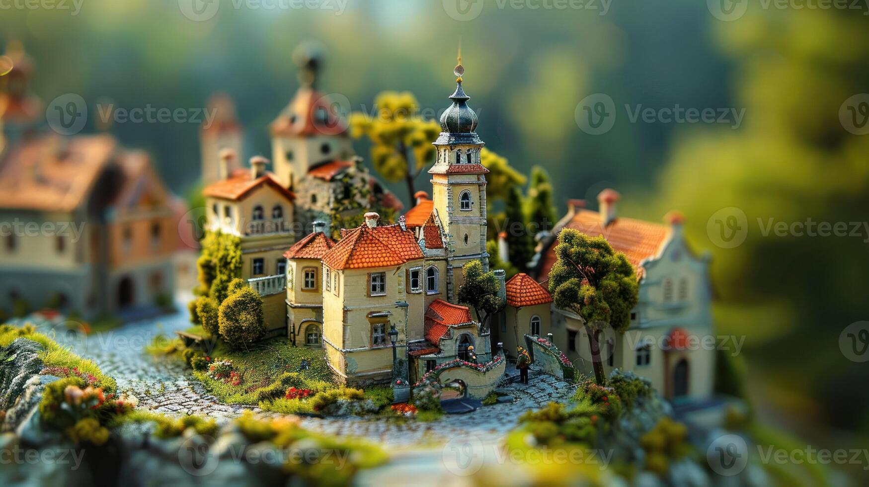 Miniature village with intricate architecture and lush greenery, set against a blurred forest backdrop photo