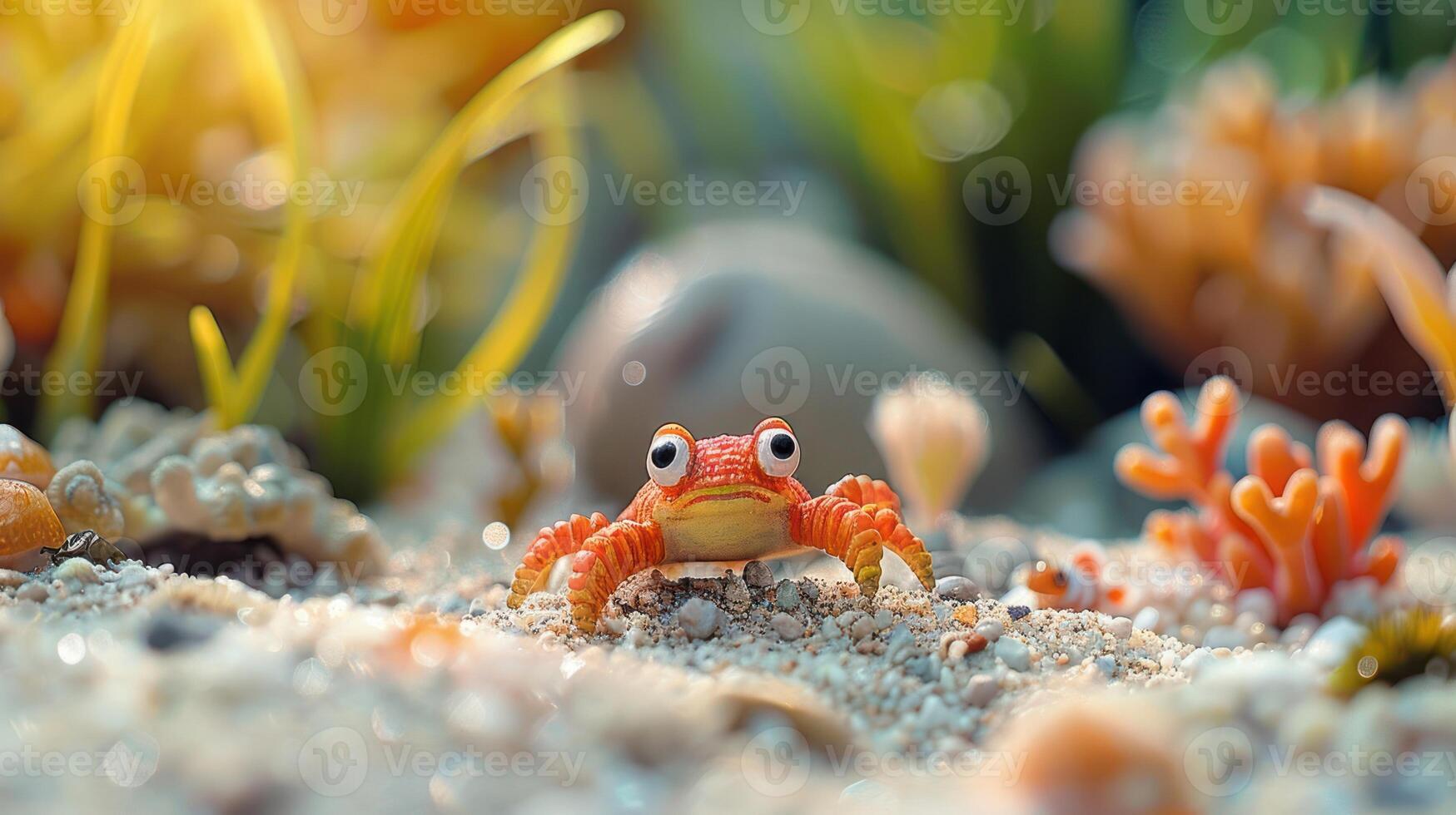 Vibrant underwater scene featuring a small crab amidst colorful corals and sandy seabed photo