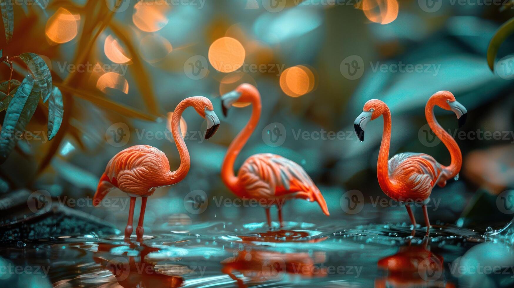 Four vibrant flamingo figurines standing in a serene pond surrounded by lush greenery and bokeh lights photo
