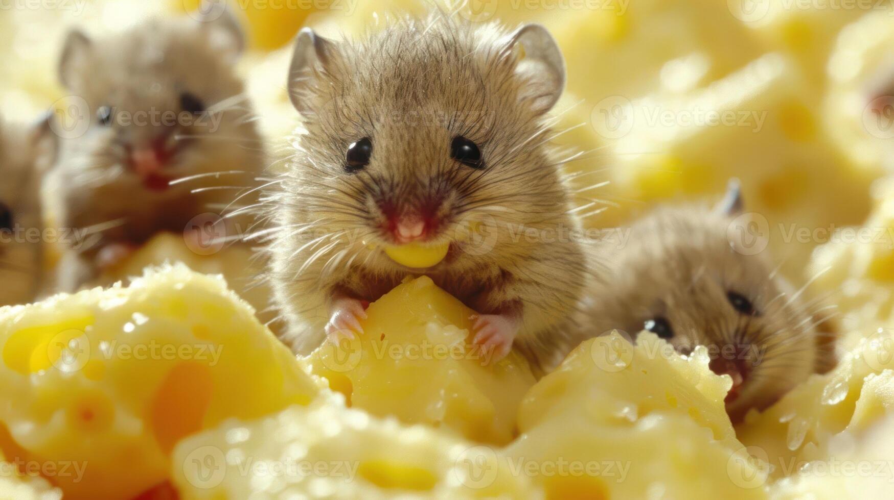 Close-up of adorable mice nibbling on cheese with a soft, blurred background of more cheese photo