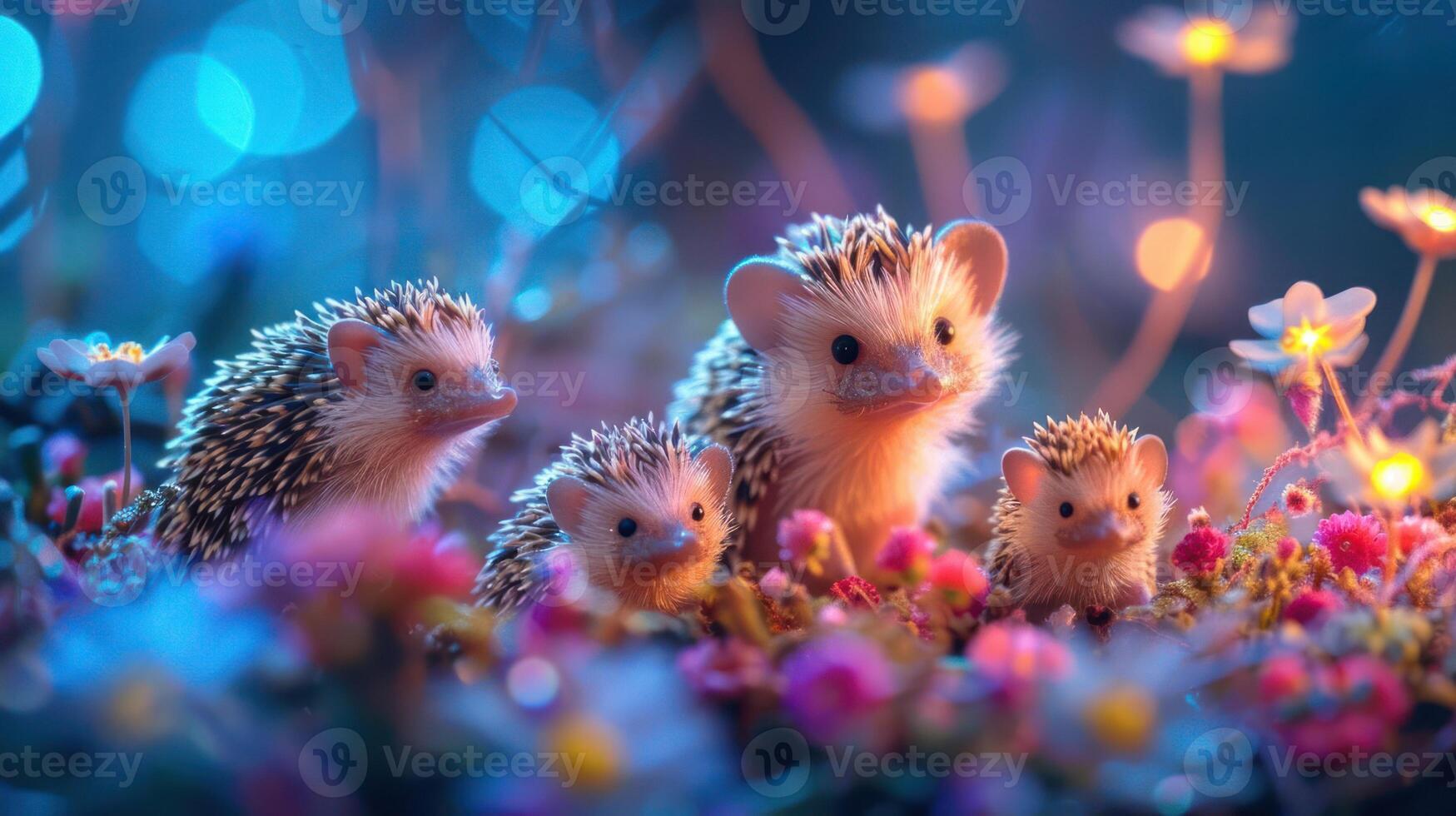 Four adorable hedgehogs surrounded by colorful flowers and soft glowing lights in a whimsical setting photo