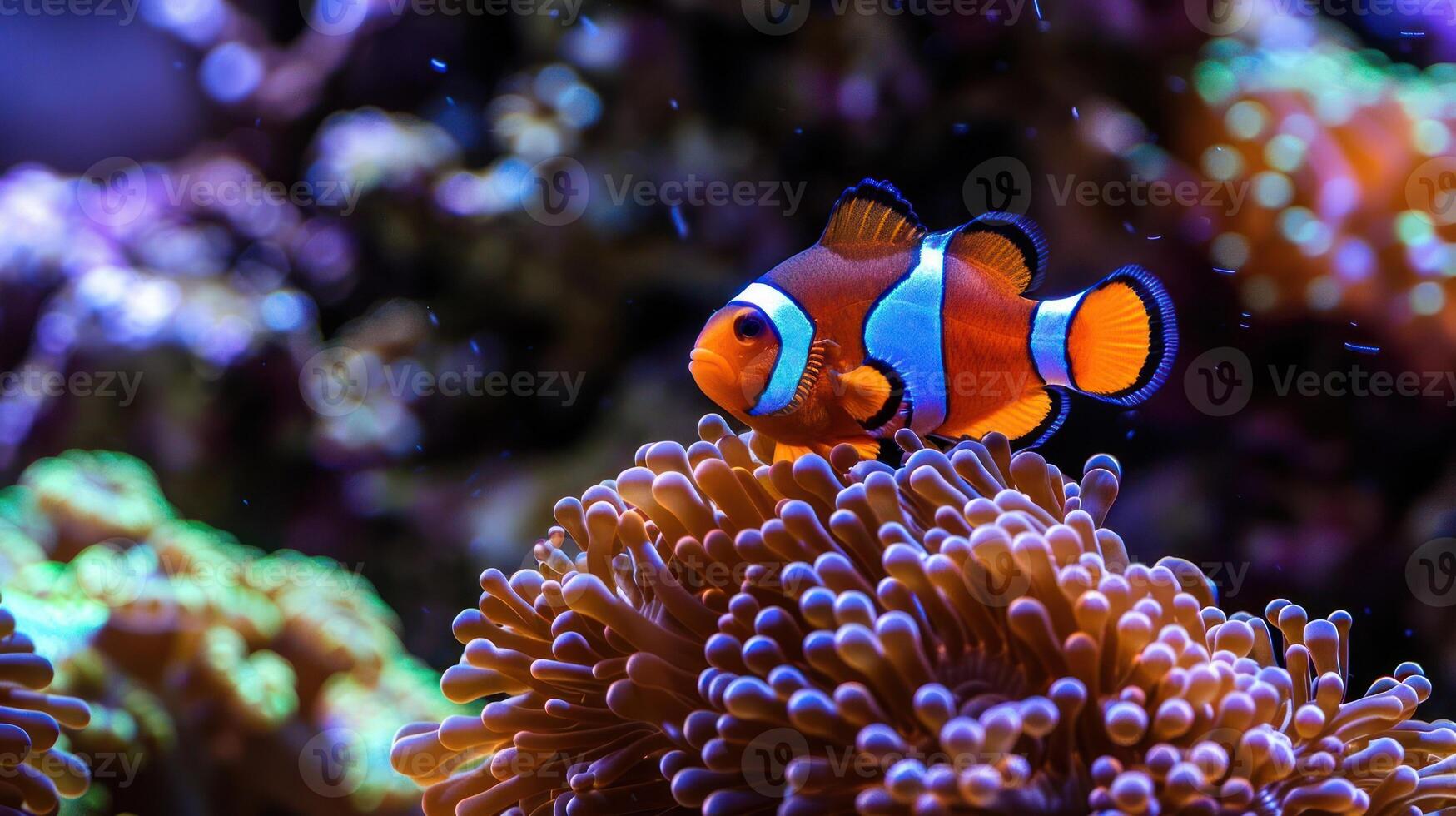 Vibrant clownfish swimming among colorful coral in a lively underwater ecosystem photo