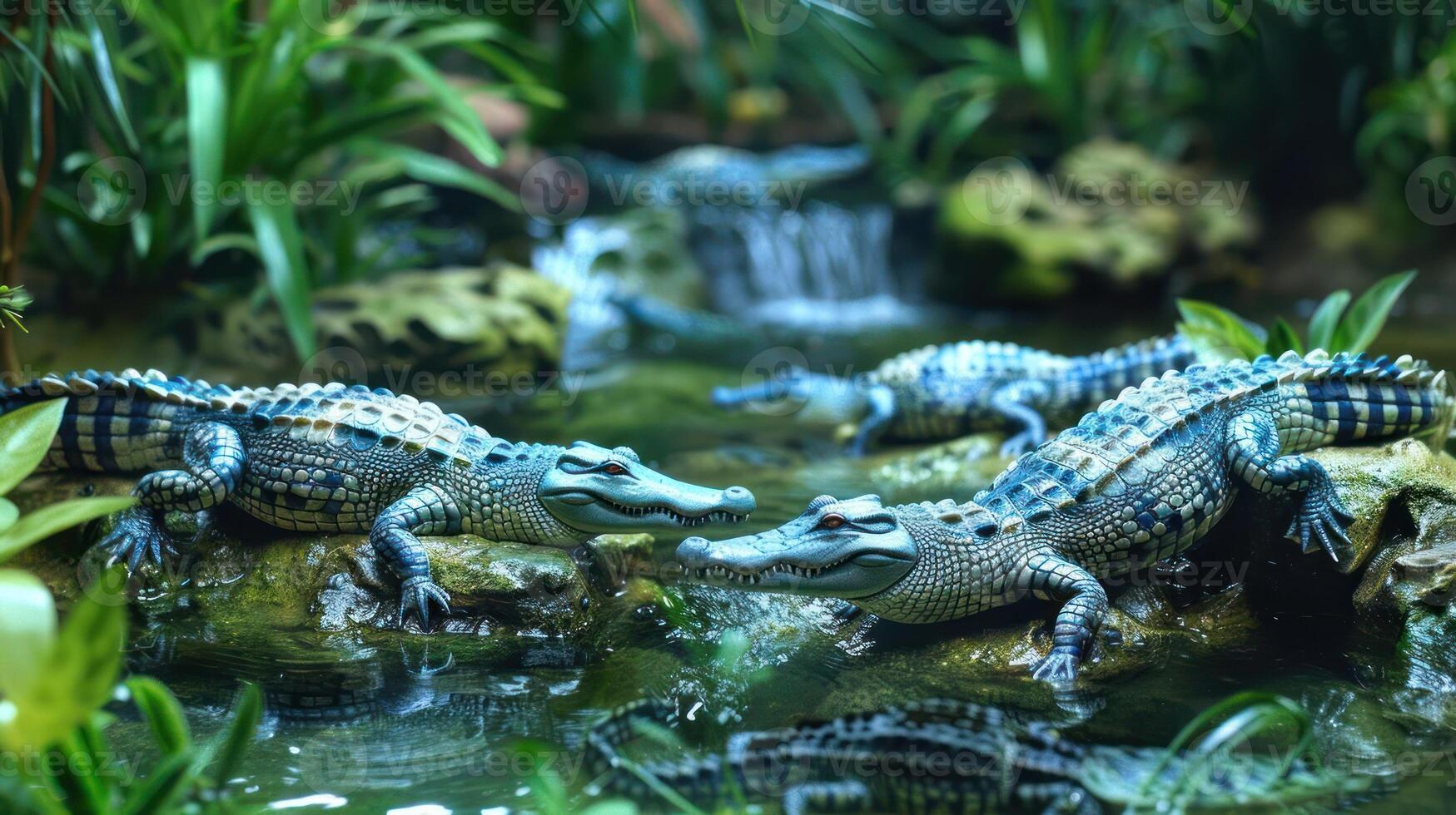 Two crocodiles engage in a playful interaction near a serene water stream surrounded by lush greenery photo