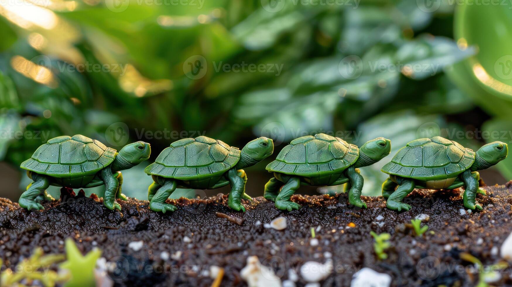 Four small green turtles walking in a line on soil amidst lush green plants in a garden photo