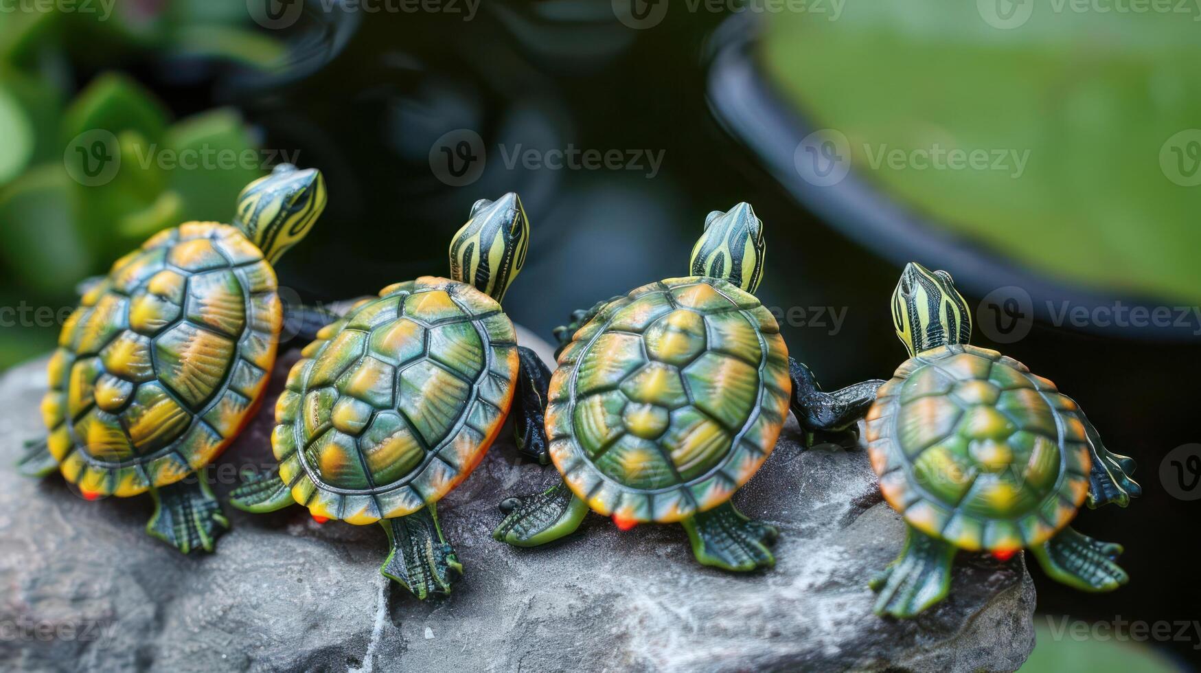 Four colorful turtle figurines basking on a rock near a serene pond with lush greenery photo