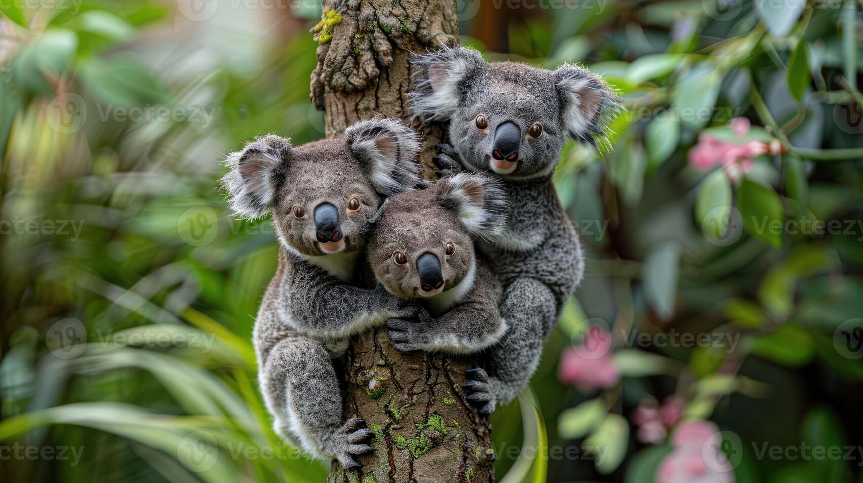 Three koalas playfully clinging to a tree trunk in a lush green environment with vibrant foliage photo