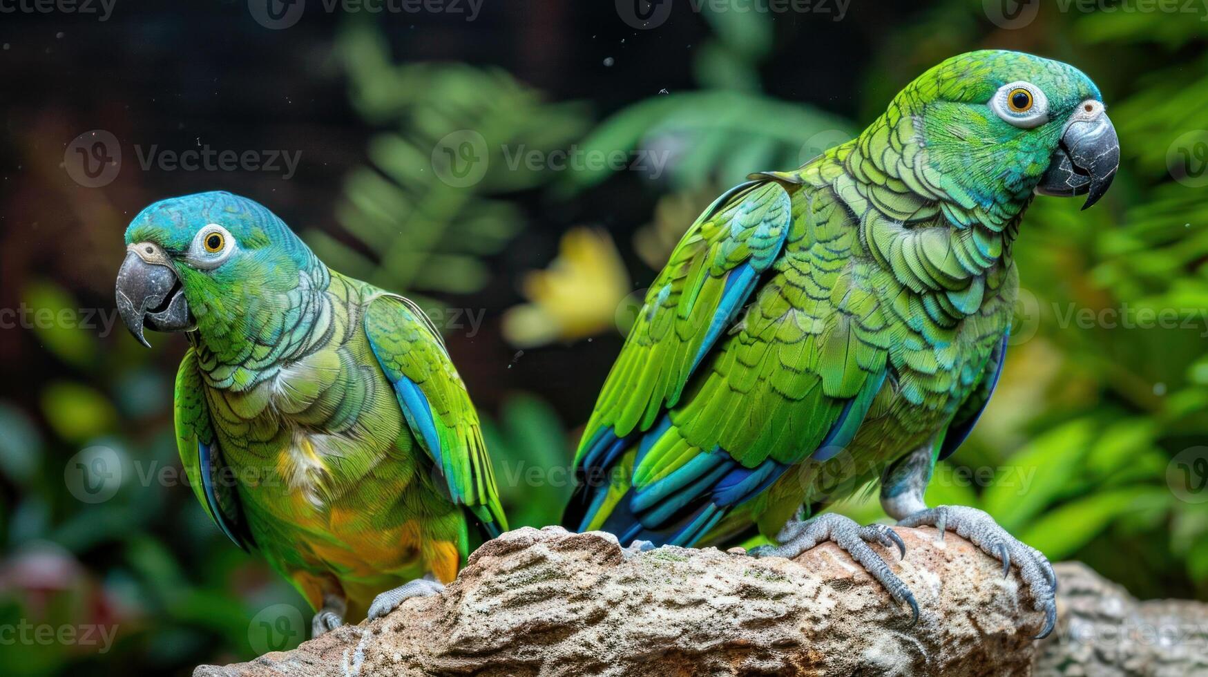 Two vibrant green parrots perched on a natural branch surrounded by lush tropical foliage photo