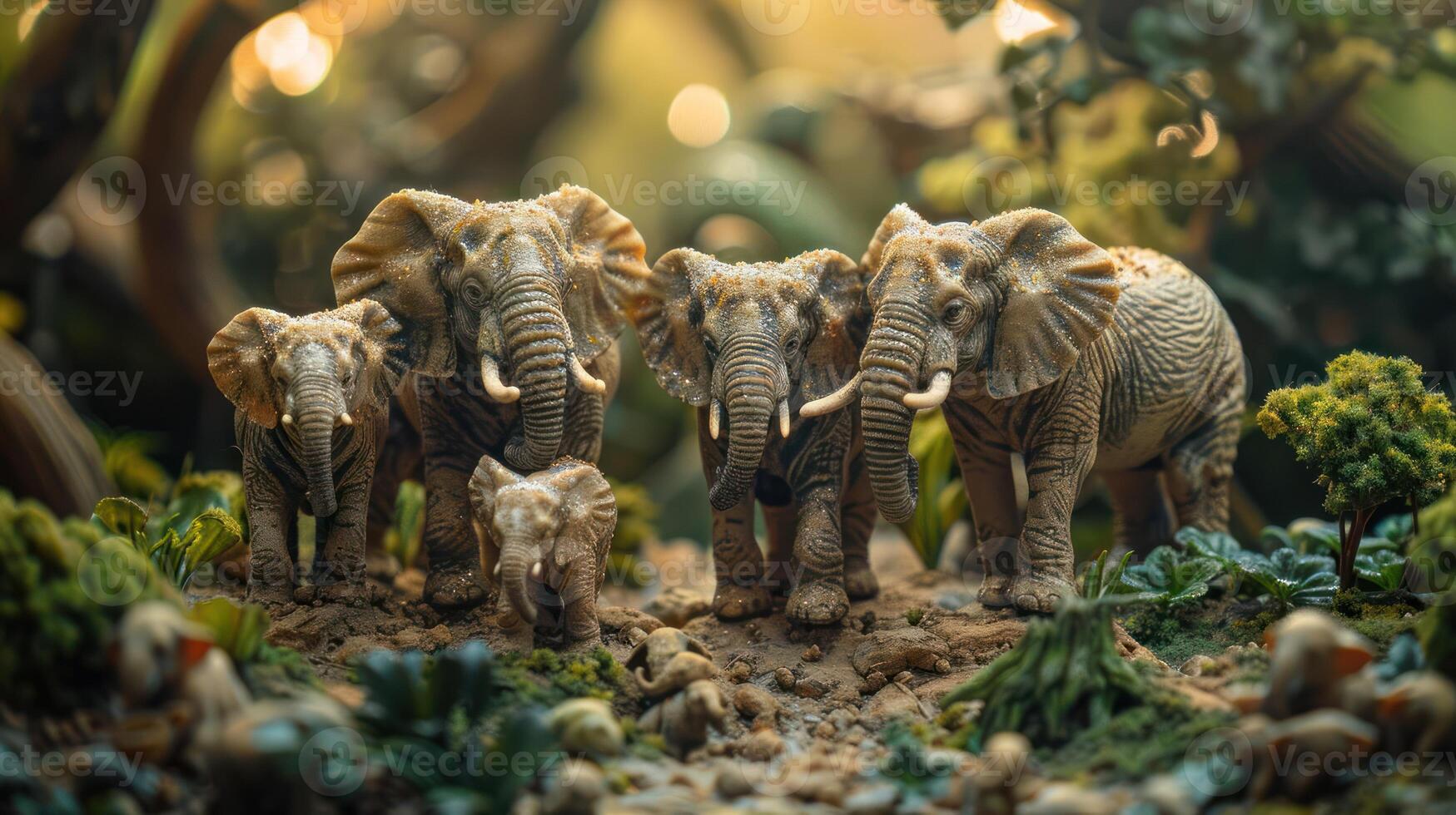 A family of elephant figurines standing together in a lush, vibrant jungle setting photo