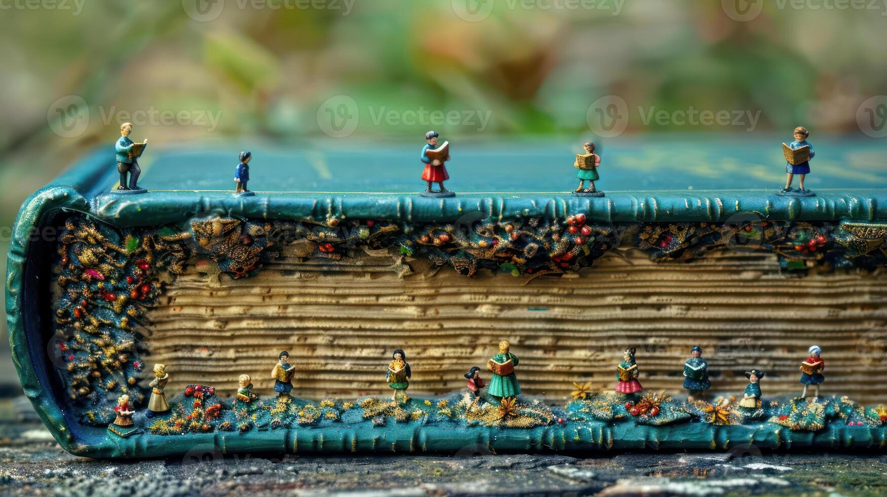 Miniature figures playfully interacting atop a vintage book, surrounded by a lush, natural backdrop photo
