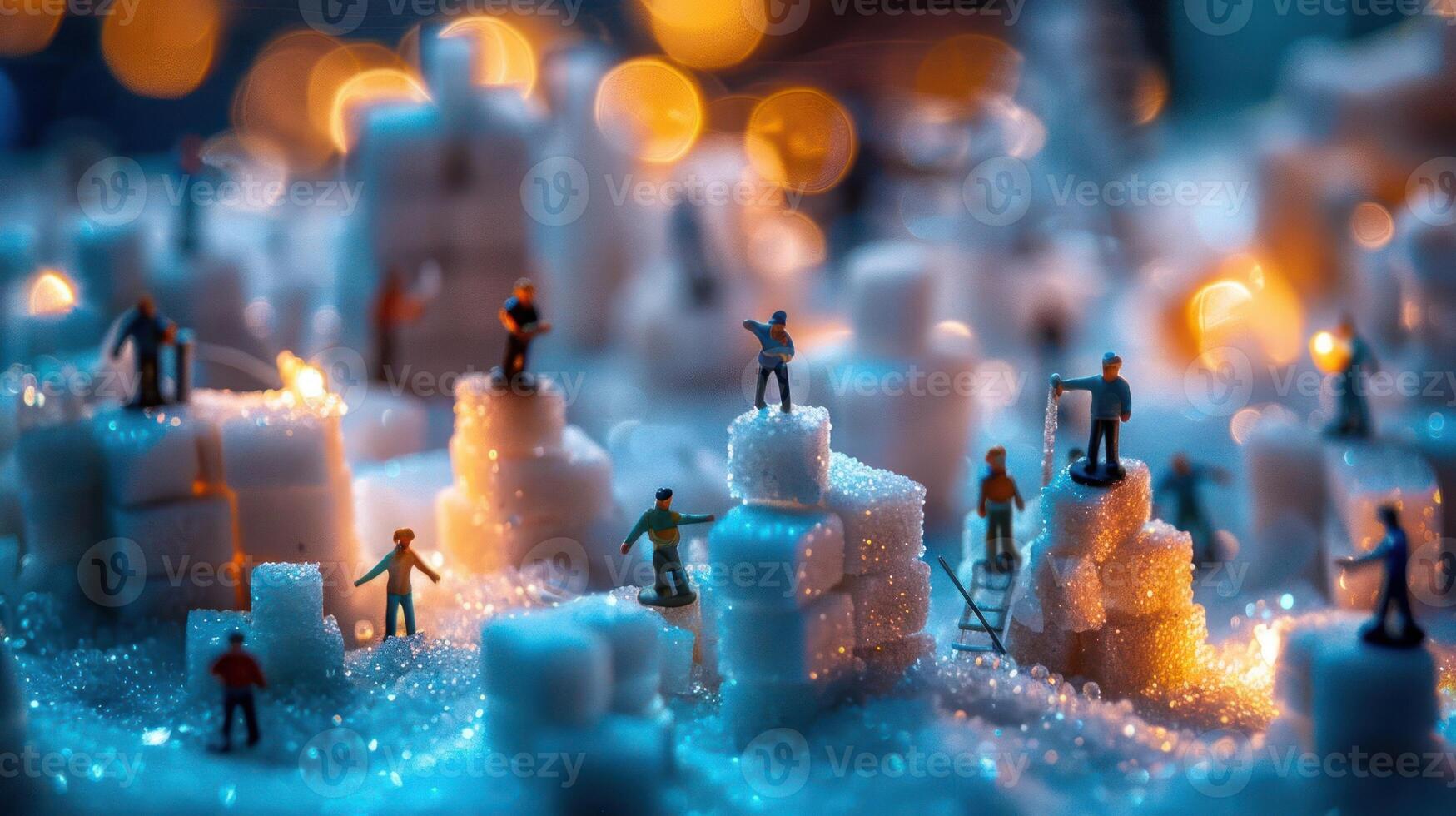 Miniature figures constructing a sugary landscape at night with glowing lights in the background photo