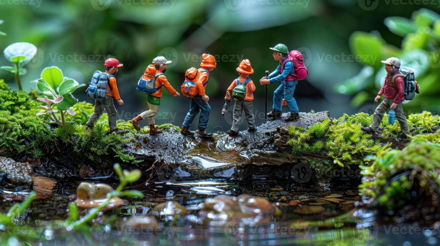 Miniature hikers crossing a mossy bridge over a serene stream in a lush green environment photo