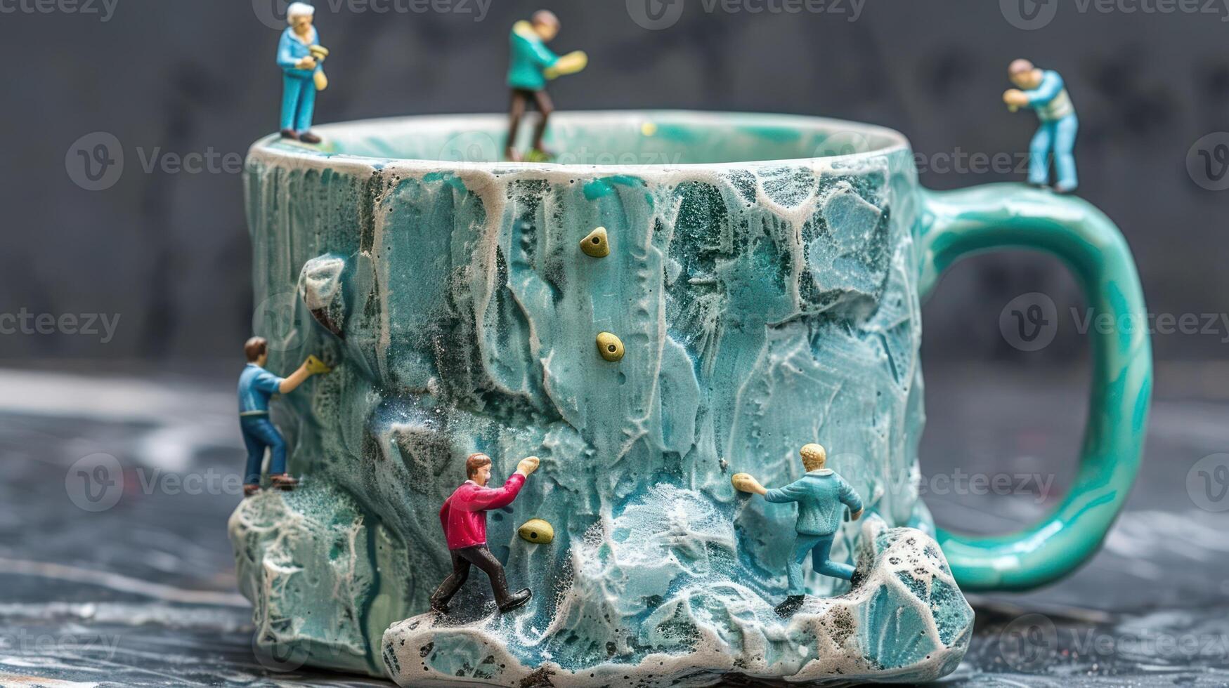 Miniature climbers scale a textured coffee mug resembling a rocky landscape in a creative setting photo