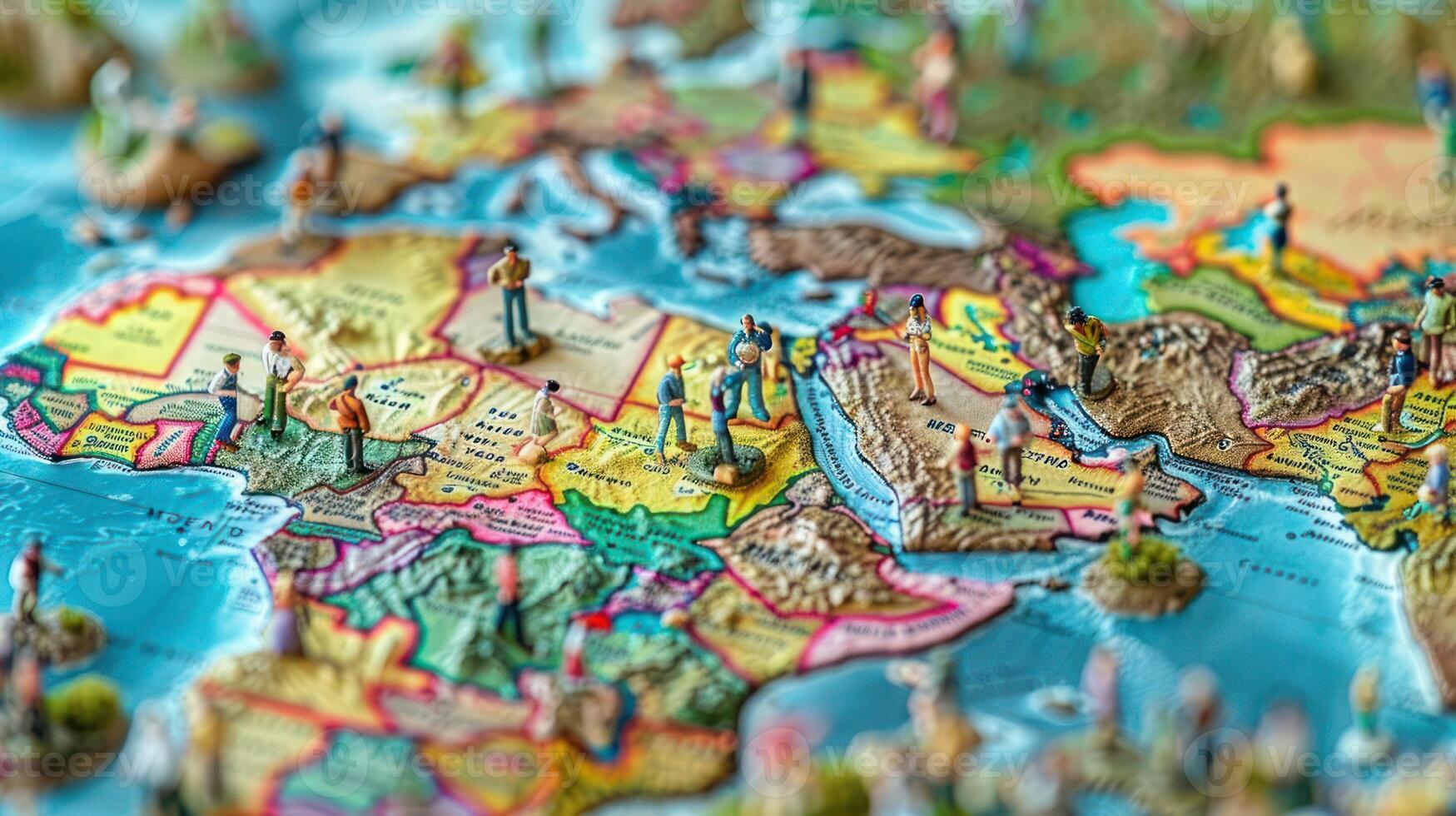 Detailed 3D map of Africa with miniature figures exploring various regions and landmarks photo