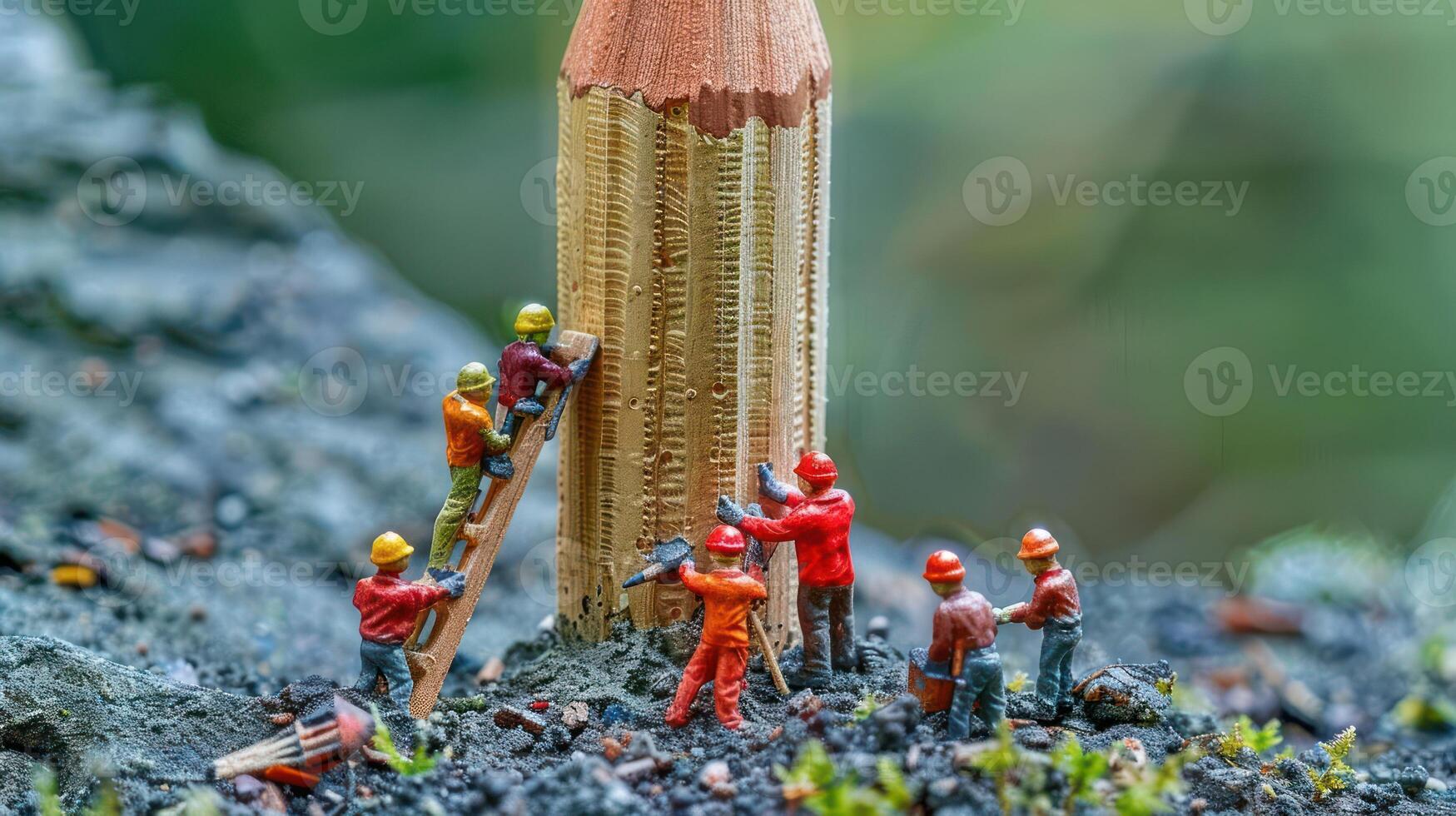 Miniature workers carving a giant pencil in a lush outdoor setting with vibrant greenery photo