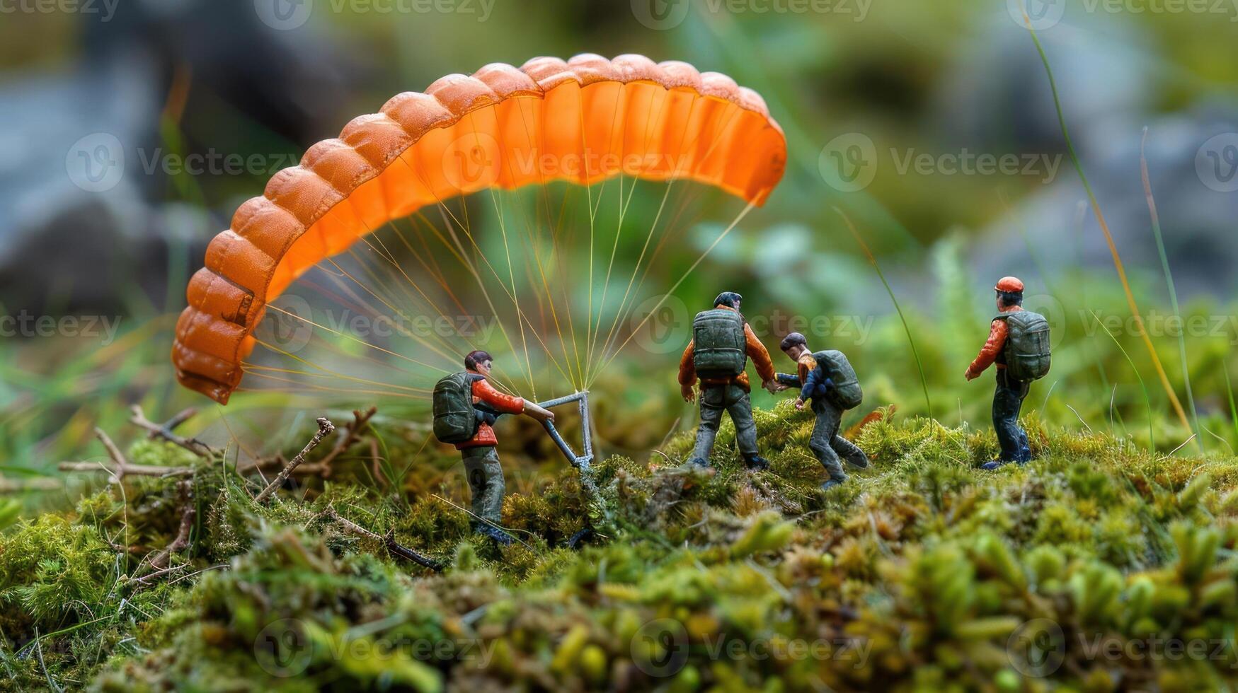Miniature figures parachuting into a lush green landscape with detailed moss and rocks photo