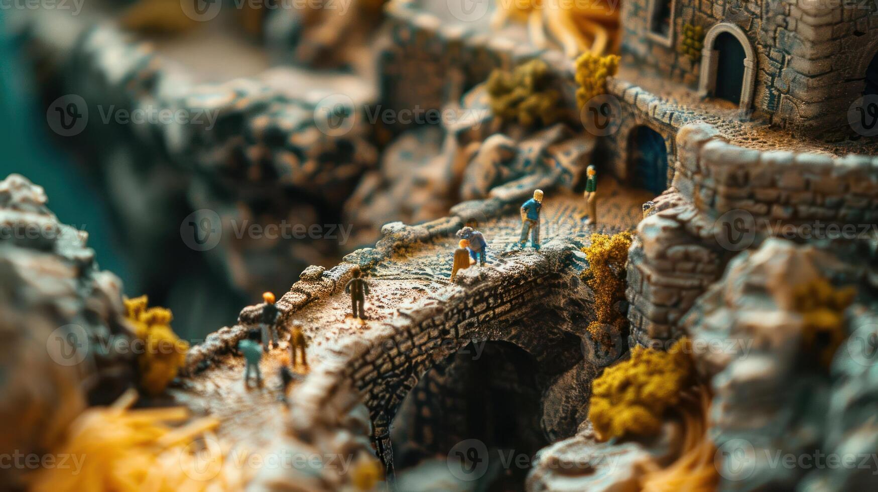 Miniature scene depicting figures navigating a rocky landscape with a stone bridge and detailed architecture photo
